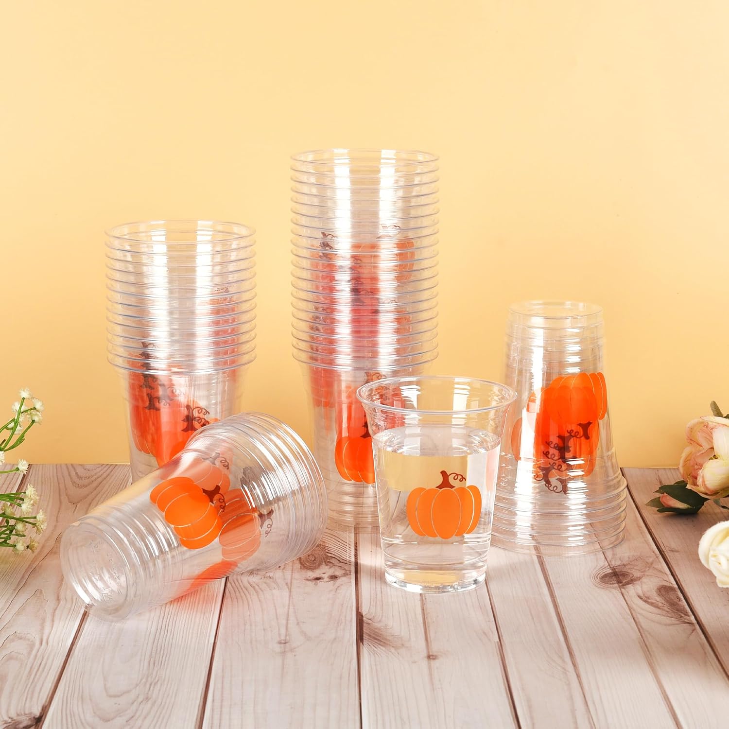 AimFun Pumpkin Plastic Cups Fall Disposable Party Cup Autumn Harvest 12oz Clear Cups Orange Pumpkin Thanksgiving Cups for Birthday Baby Bridal Showers Party Supplies (100)