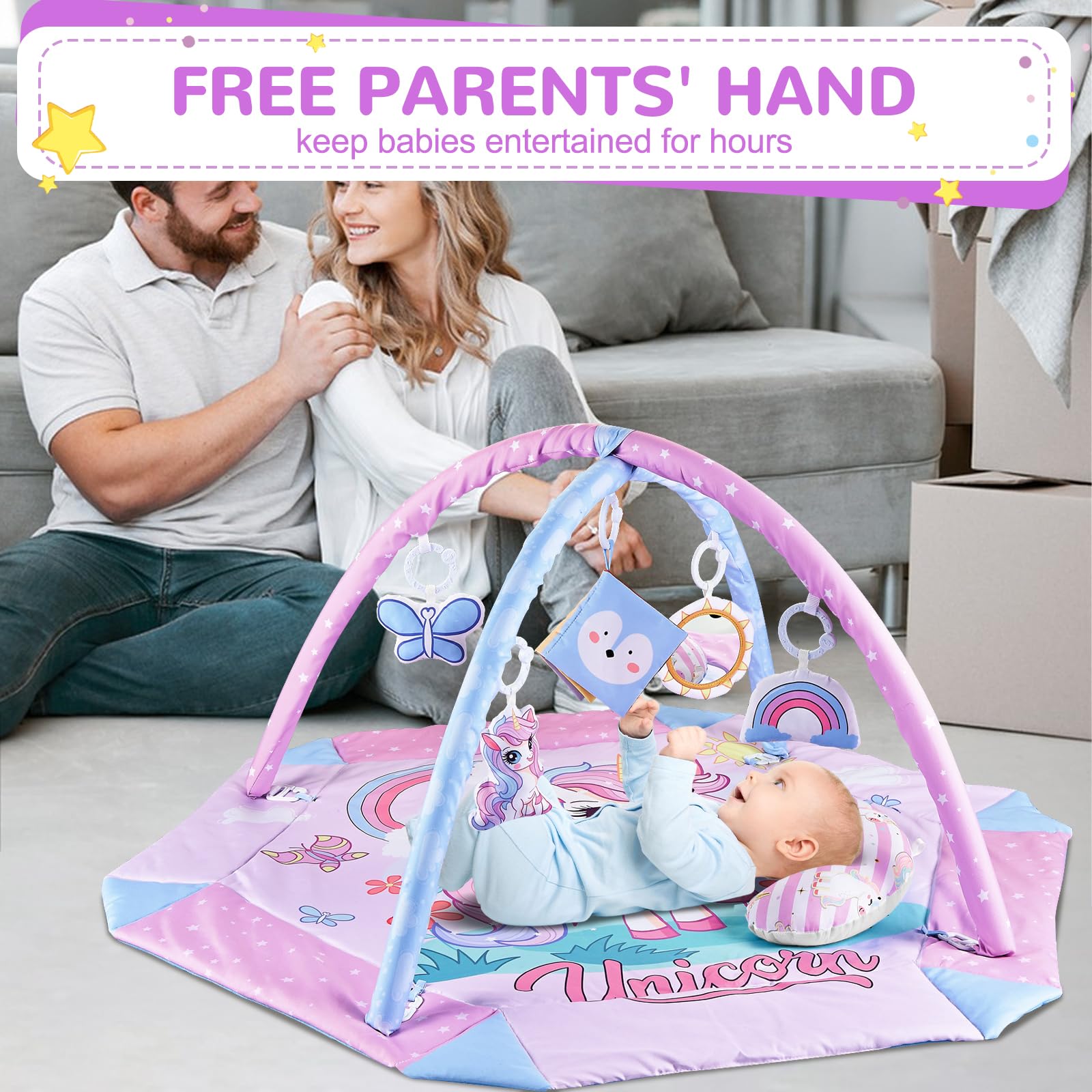 Gimnasio Bebe Unicornio 4 en 1, Manta Actividades Bebe con 5 Juguetes Colgantes y Almohada, Alfombra Juegos Acolchada Plegable, Alfombra Sensorial para Recién Nacidos, 3-24 Meses