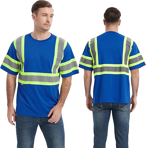 Miniatura 5 de ProtectX Camiseta de seguridad reflectante de manga corta de alta visibilidad, camisas de alta visibilidad transpirables resistentes para hombre,