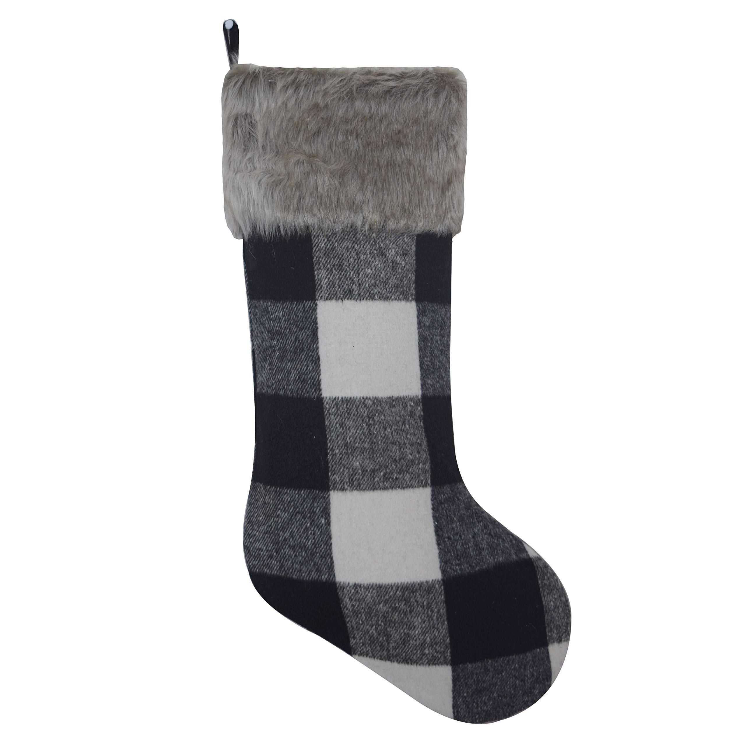 Gireshome White and Black Buffalo Check Plaid Body, Gorgeous Faux Fur Cuff Christmas Stocking (10 inch x 18 inch)