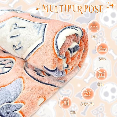 Miniatura 3 de Manta de Halloween para niños y adultos, manta de Halloween que brilla en la oscuridad, con estampado espeluznante de calabaza, murciélago,