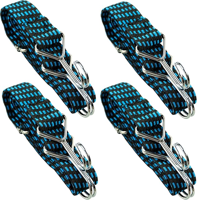 Adjustable Flat Bungee Cords with Hooks, Bungee Straps with Anti-Rust Metal Buckle for Bike Mountain Luggage Rope Latex Heavy Duty Straps Elastic (4 Pack 1M Blue)