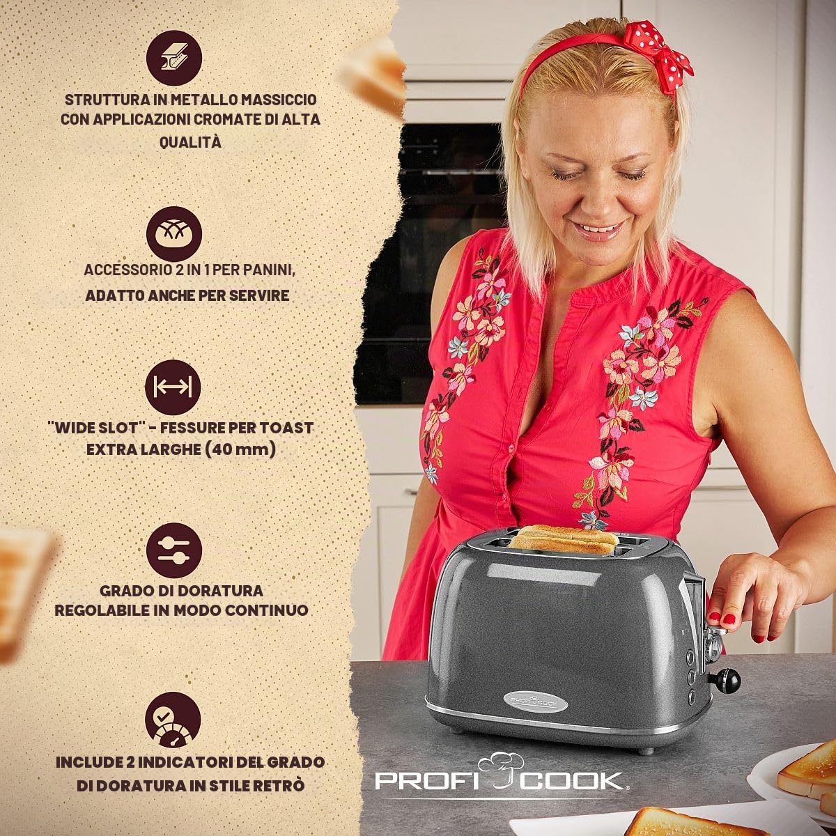 ProfiCook Tostapane Vintage a 2 Fette - Design Elegante Con Ampia Fessura e Cassa in Metallo Massiccio - Retrò Con Portapane - PC TA 1193 Antracite