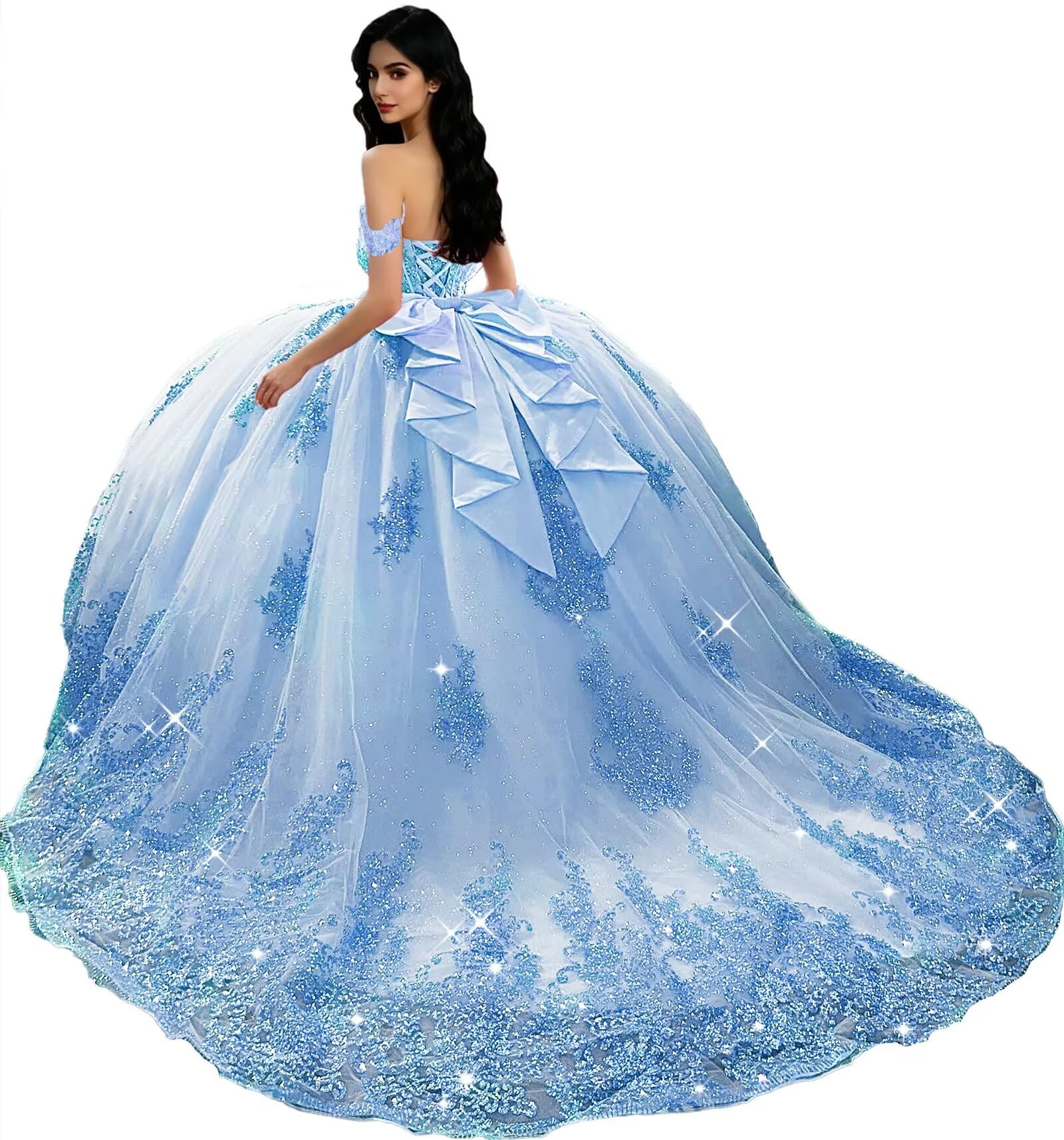 Sparkly Appliques Quinceanera Dresses with Bow Shiny XV Dresses Sweet Ball Gown with Train PM012