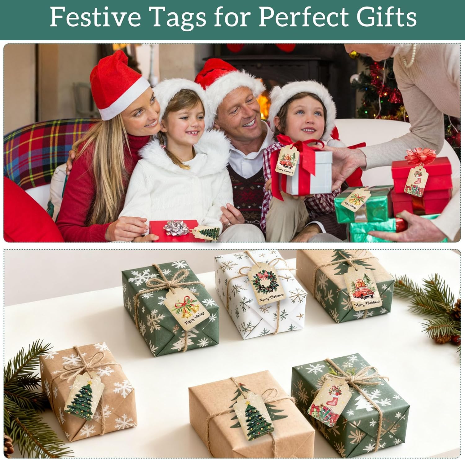 Vintage Christmas Gift Tags with String - 45 Quality Paper Labels for Personalizing Your Christmas Presents, 5 Holiday Designs, 2 x 3 Inch Rustic Xmas Gift Name Tags for Presents & Gifts Bags Wrapping - Image 4
