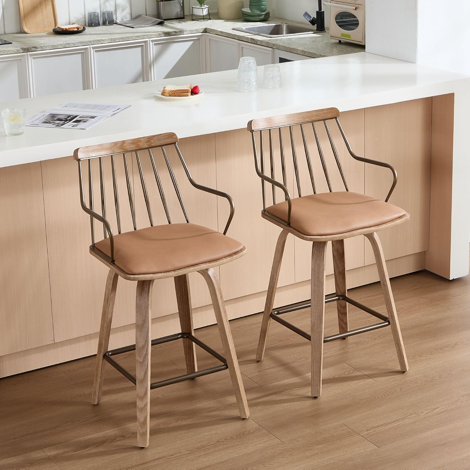 Swivel Counter Height Bar Stools Set of 2, 26" Mid-Century Modern Counter Stools with Spindle Back Arms & Bentwood Frame, Upholstered Wood Barstools for Kitchen Island Home Bar -Brown Leather
