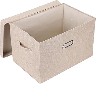 YYjop Boîte de Rangement Pliable avec Couvercle et Poignées, Panier de Rangement en Tissu de Lin Lavable, Caisse de Rangement pour Vêtements, Livres, Jouets (Beige, 44x30x30cm)