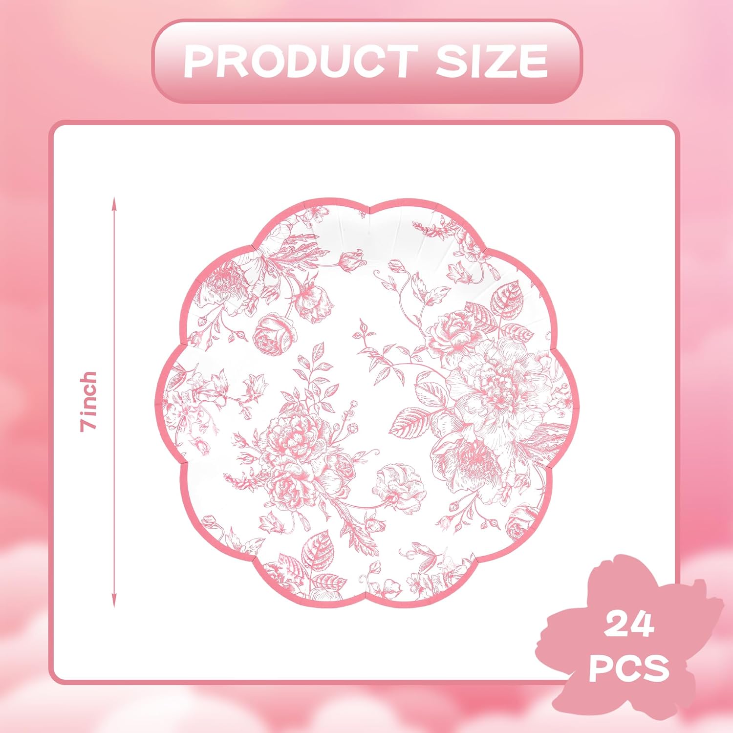 24 Pcs Pink Floral Party Plates Vintage Floral Leaf Disposable Paper Plates Wildflower Pink Toile 7" Small Scalloped Rim Dessert Plates for Valentines Birthday Bridal Tea Party Supplies - Image 2