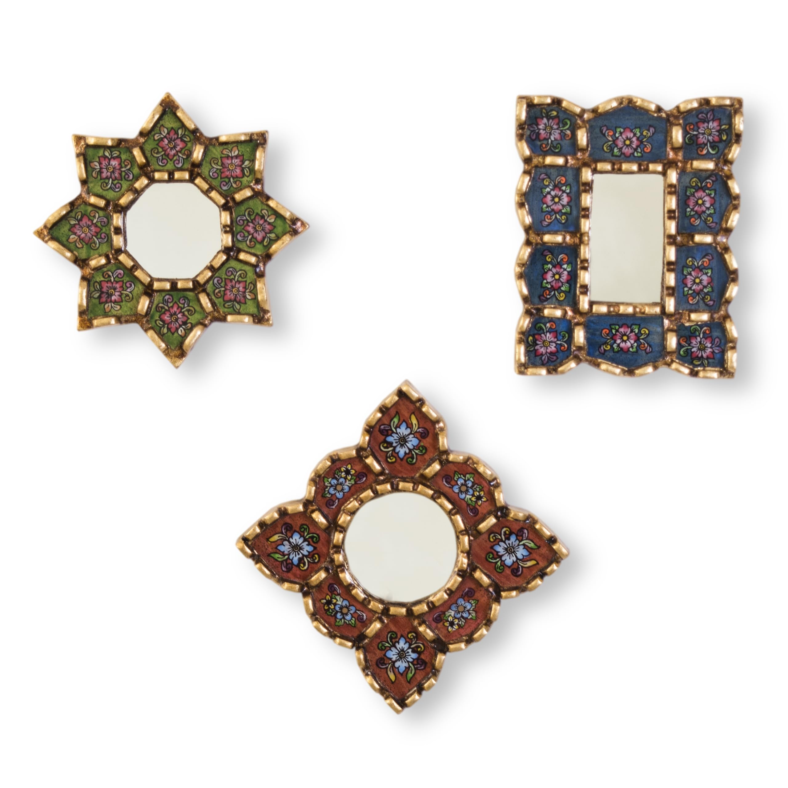 Peruvian Mirror Set of 3 – Handmade Painted Glass Mirror Wall Decor in Green, Red and Blue