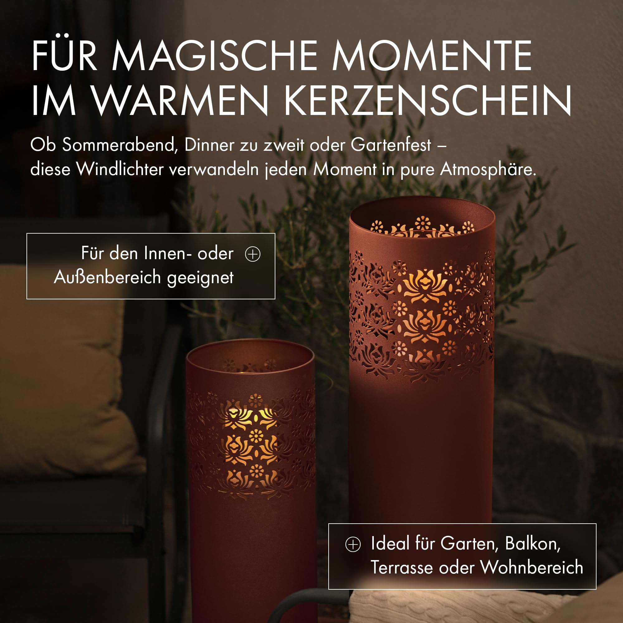 BeFair Dana Große Laternen-Säulen 2er Set Rostoptik mit Glas & Kerzen | 2 Laternen-Säulen in Rostoptik mit Glaszylindern und Kerzen für Garten, Terrasse, Balkon und Wohnbereich