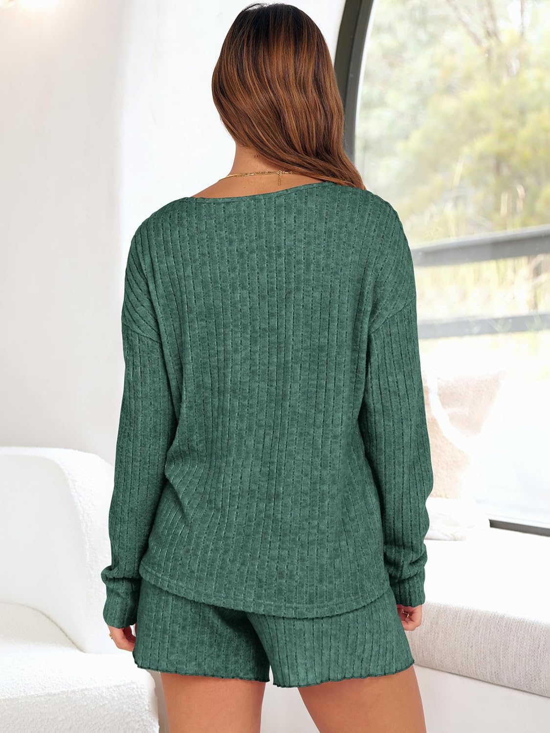 ANRABESS Women's 2 Piece Lounge Pajama Sets Casual Ribbed Long Sleeve Top Matching Shorts Sleepwear PJ Set 2025 Fall Outfits - Image 4