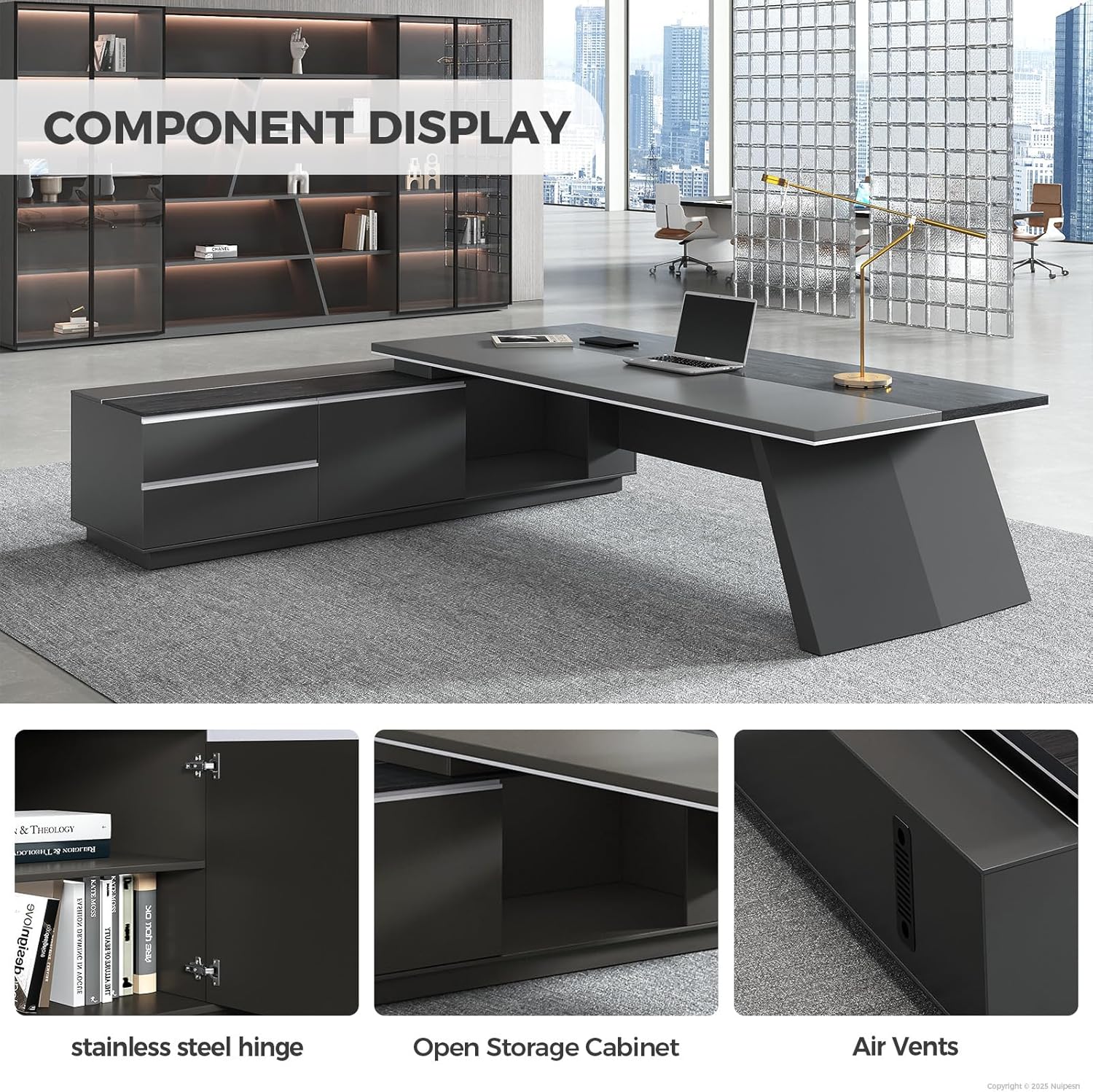 L Shaped Executive Desk, 87 Inch Executive & Manager Office Desk With Power Outlet & USB Ports, Storage Cabinets & Drawers, Cable Management, Dual-Tone Black, Left Return, 87" L x 63" W x 30" H