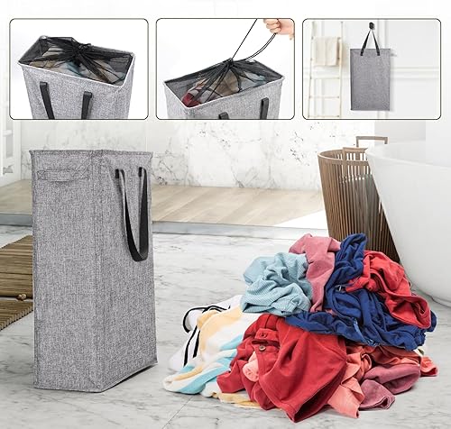 Miniatura 7 de Odonata Cesta de lavandería delgada con asas, cesta plegable para ropa sucia, bolsa de ropa sucia estrecha, cesta plegable para ropa sucia, 45