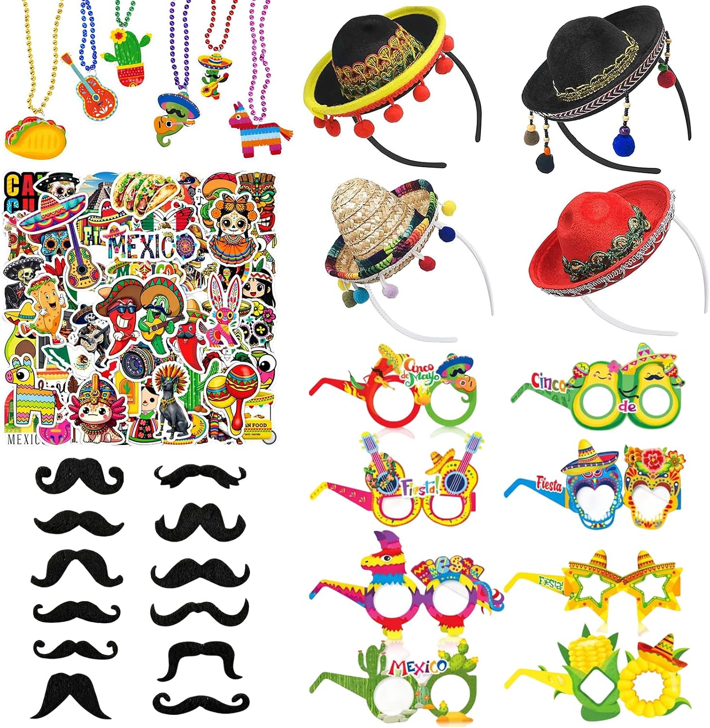 Cinco De Mayo Accessories, Cinco De Mayo Decorations, 80 PCS Cinco De Mayo Accessories for Women Set Including Hats, Glasses, Necklaces, Fake Beard and Stickers, for Fiesta Mexican Party Favors
