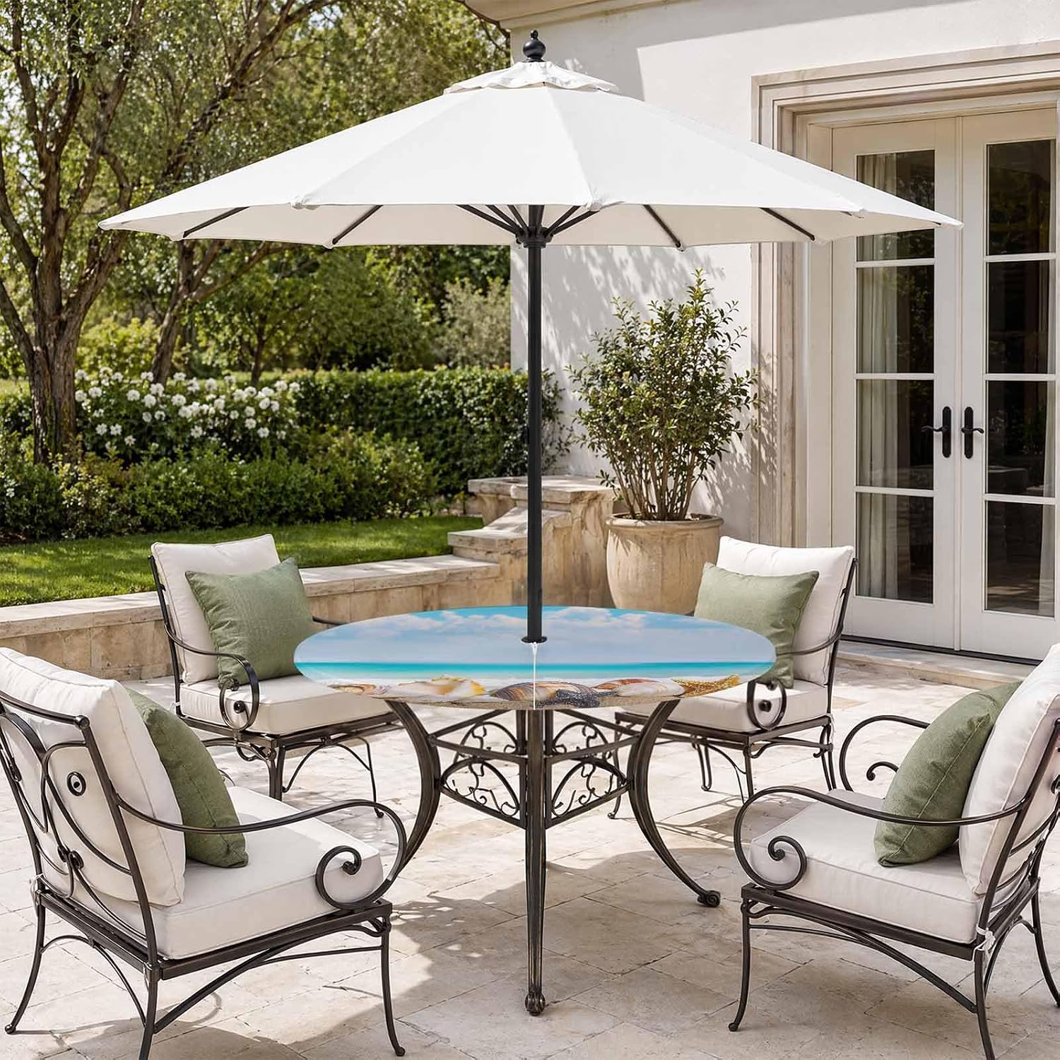 Blue Nautical Coastal Waterproof Outdoor Tablecloth with Umbrella Hole and Zipper,Round Fitted Table Covers with Elastic,Summer Beach Shell Conch Starfish Patio Party Table Cloth Fits 55"-60" Tables image 3