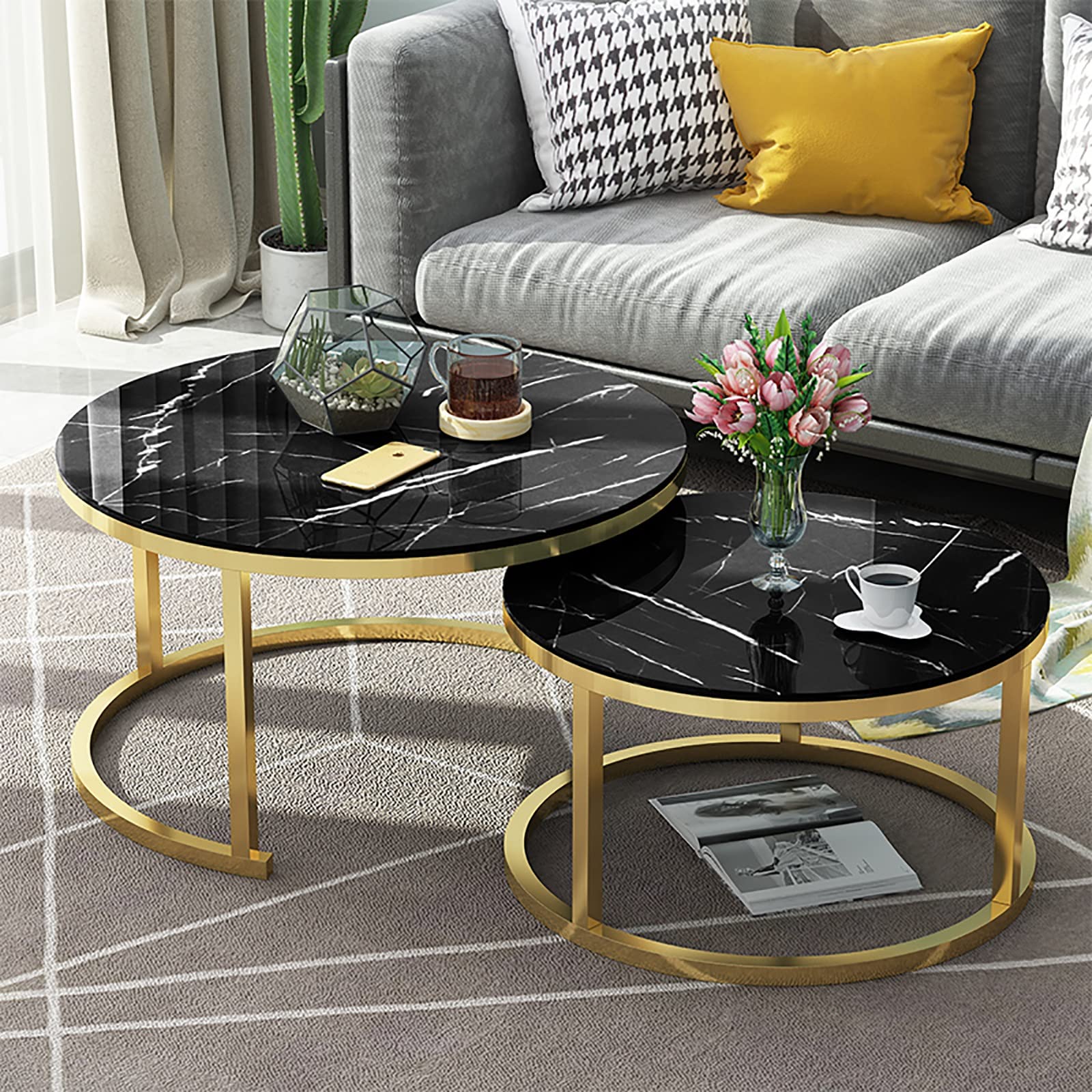 Tables gigognes en verre effet marbre et cadre doré premium
