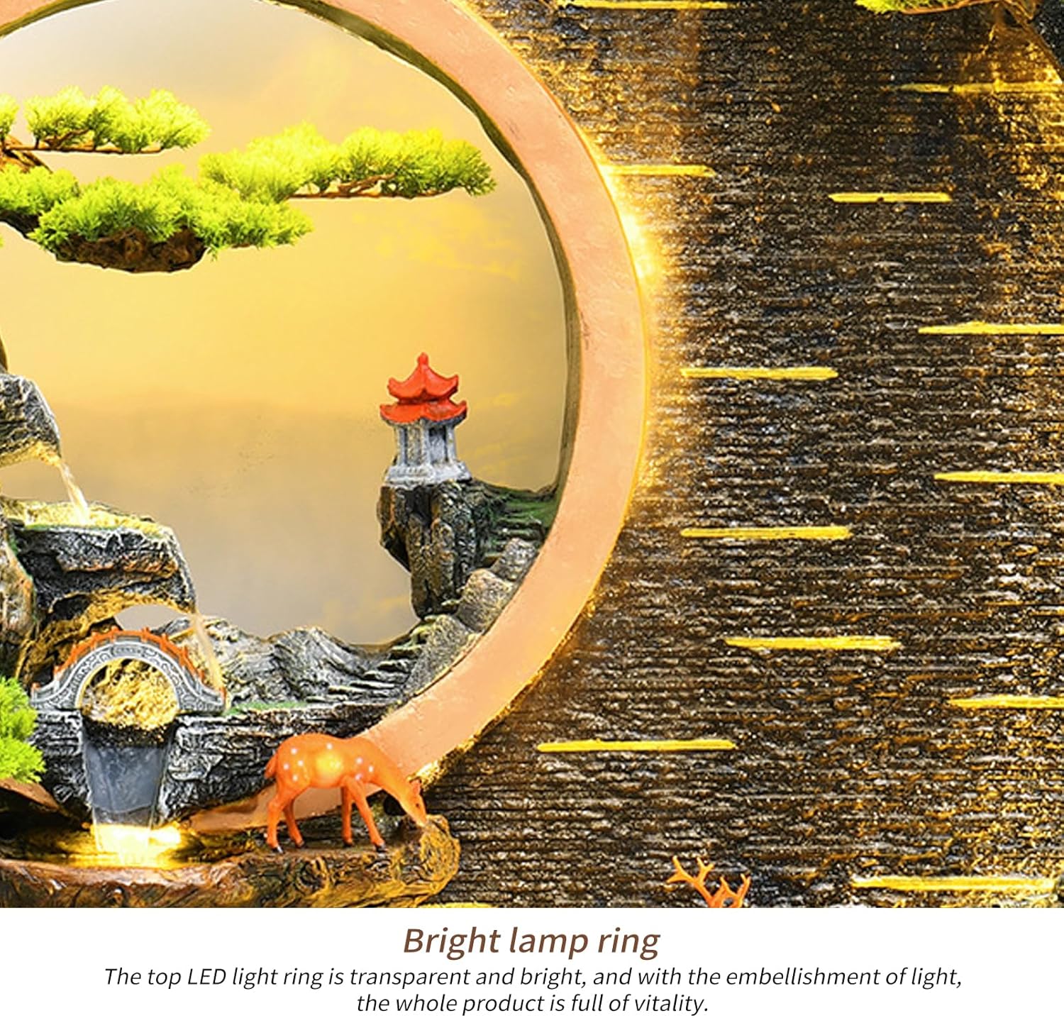 Indoor Outdoor Resin Fountain with LED Light Ring – Round Landscape Waterfall Feature with Pump, Bonsai & Gourd Decor – 6.07ft Tall Large Decorative Water Sculpture(B Large)