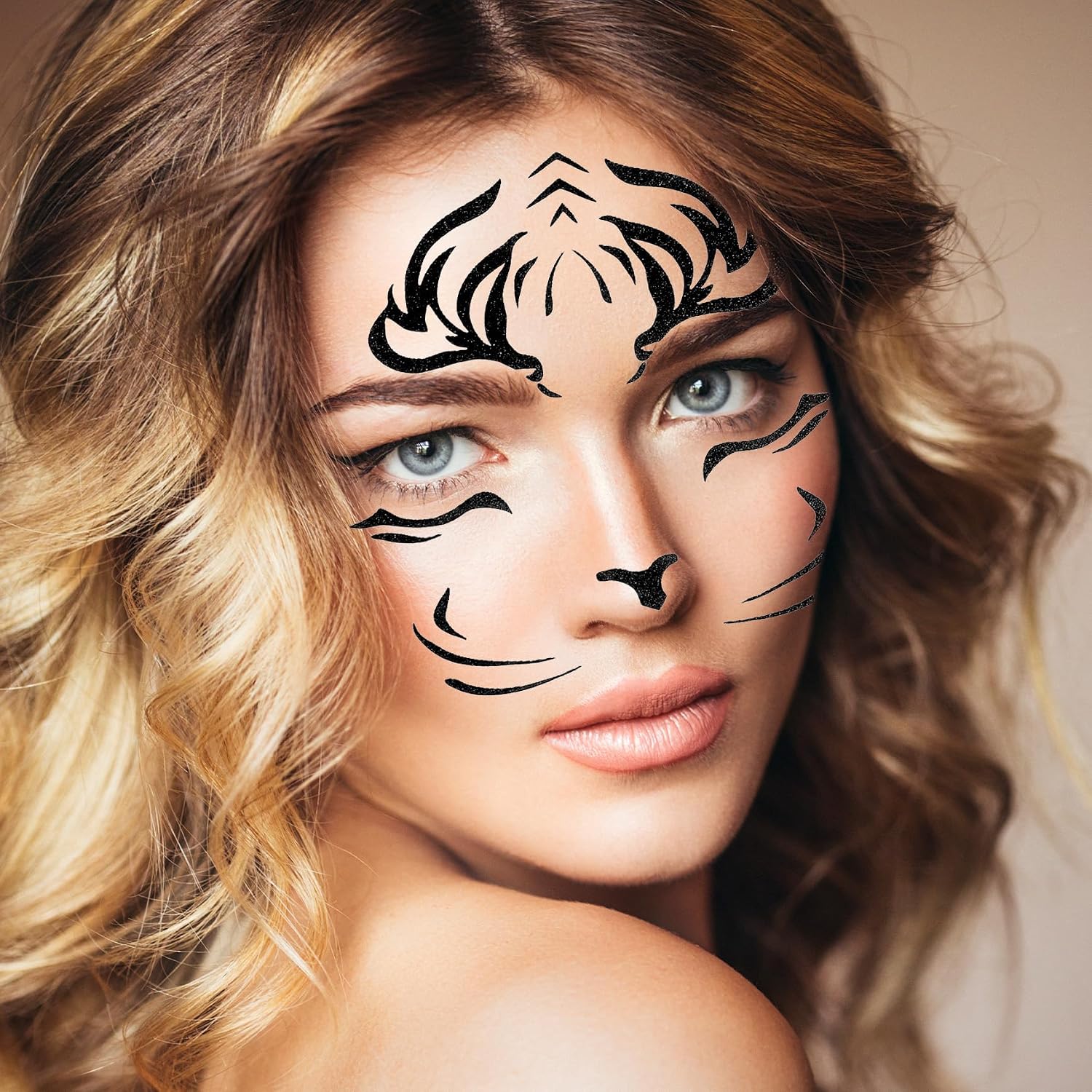 Tiger Face Temporary Tattoos, 2Pack Glitter Halloween Face Tattoo Self Adhesive Animal Tattoo Sticker for Halloween Cosplay Festival Party Costume Makeup