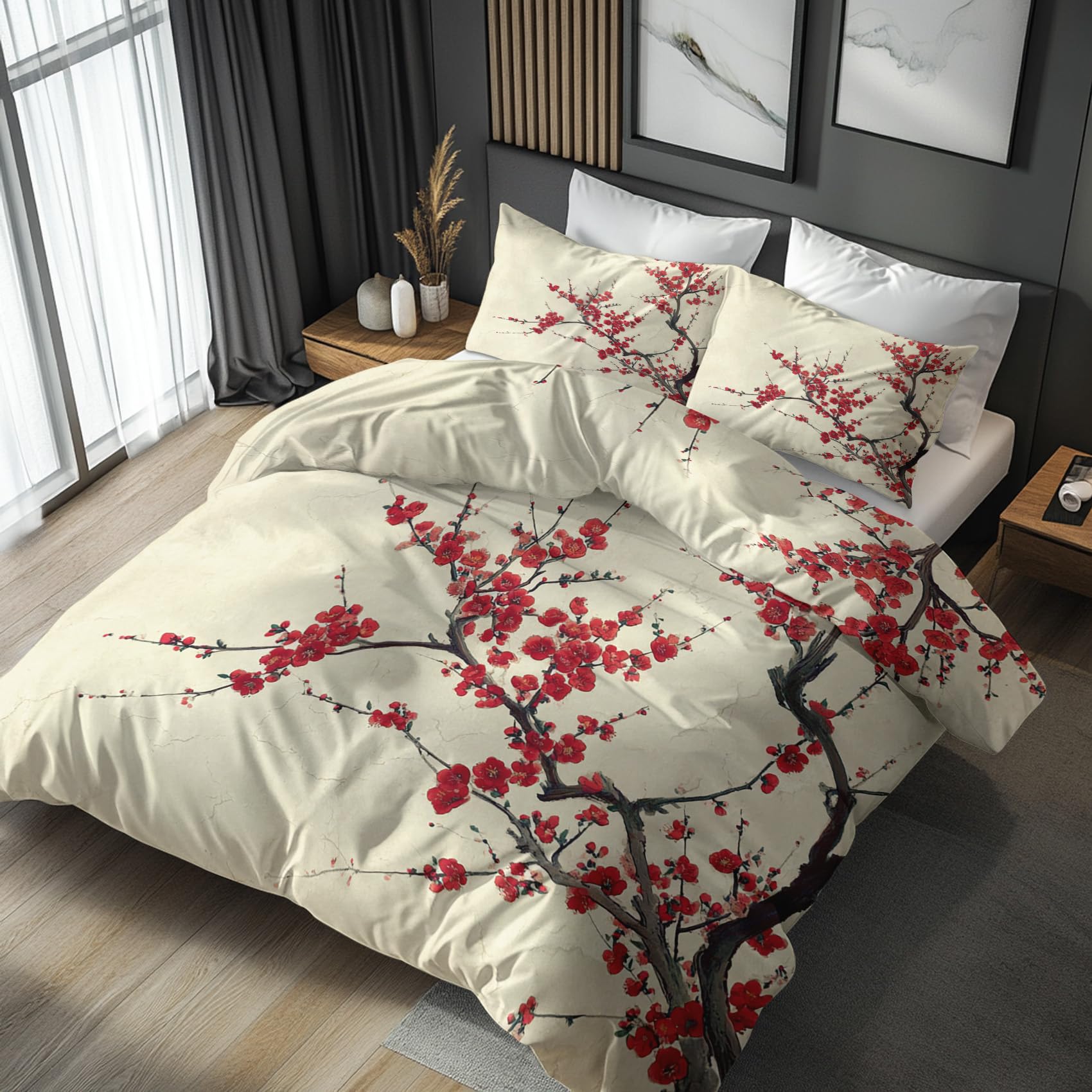 Asian Duvet Cover King Size, Branch Cherry Floral Japanese Duvet Cover King Bedding Sets with 2 Pillow Cases, Asian Bedroom Decor