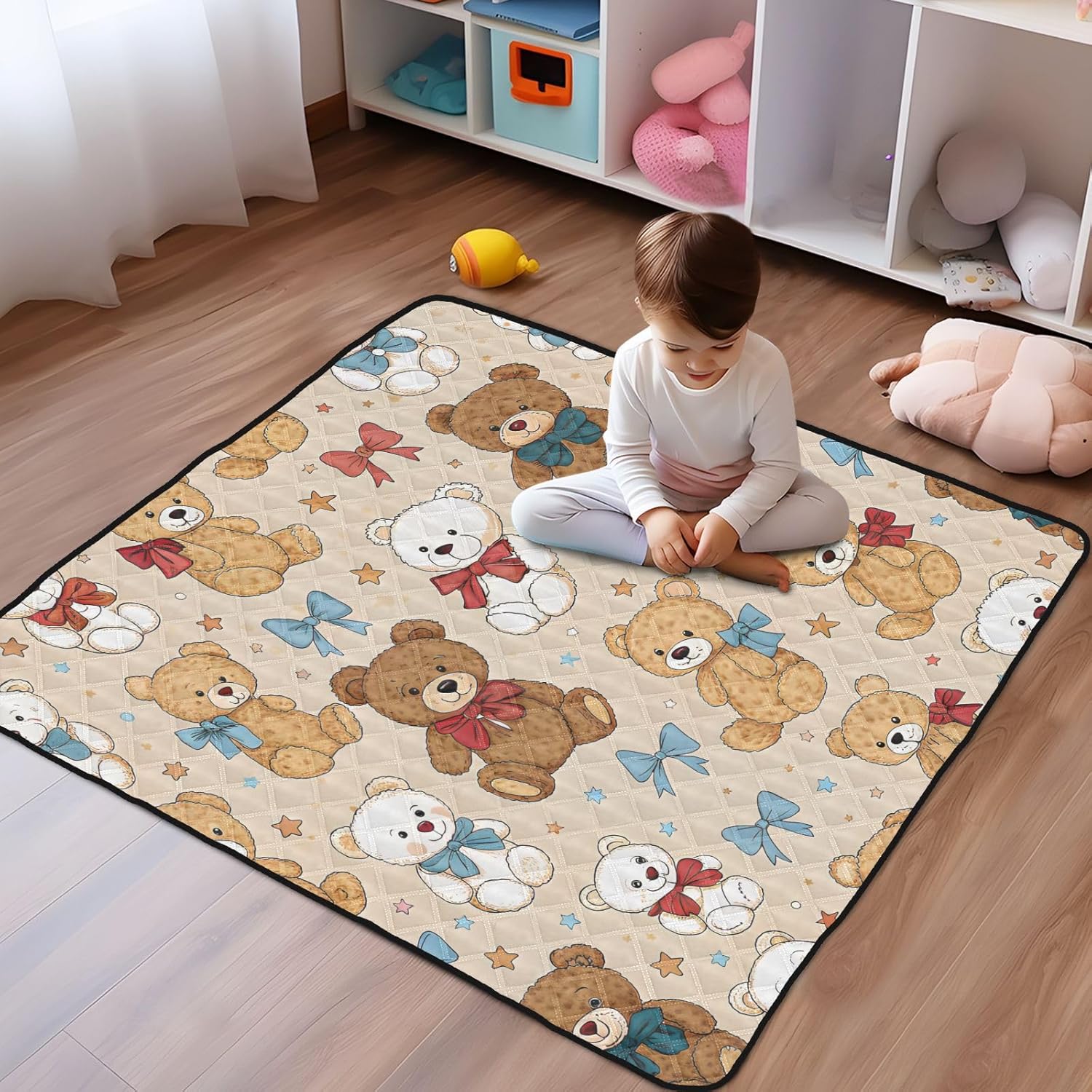 Cute Stuffed Bears Baby Play Mat for Floor 50" X 50" Foldable Waterproof Non-Slip Playmat for Baby Playpen Quilted Crawling Mats Game Rug