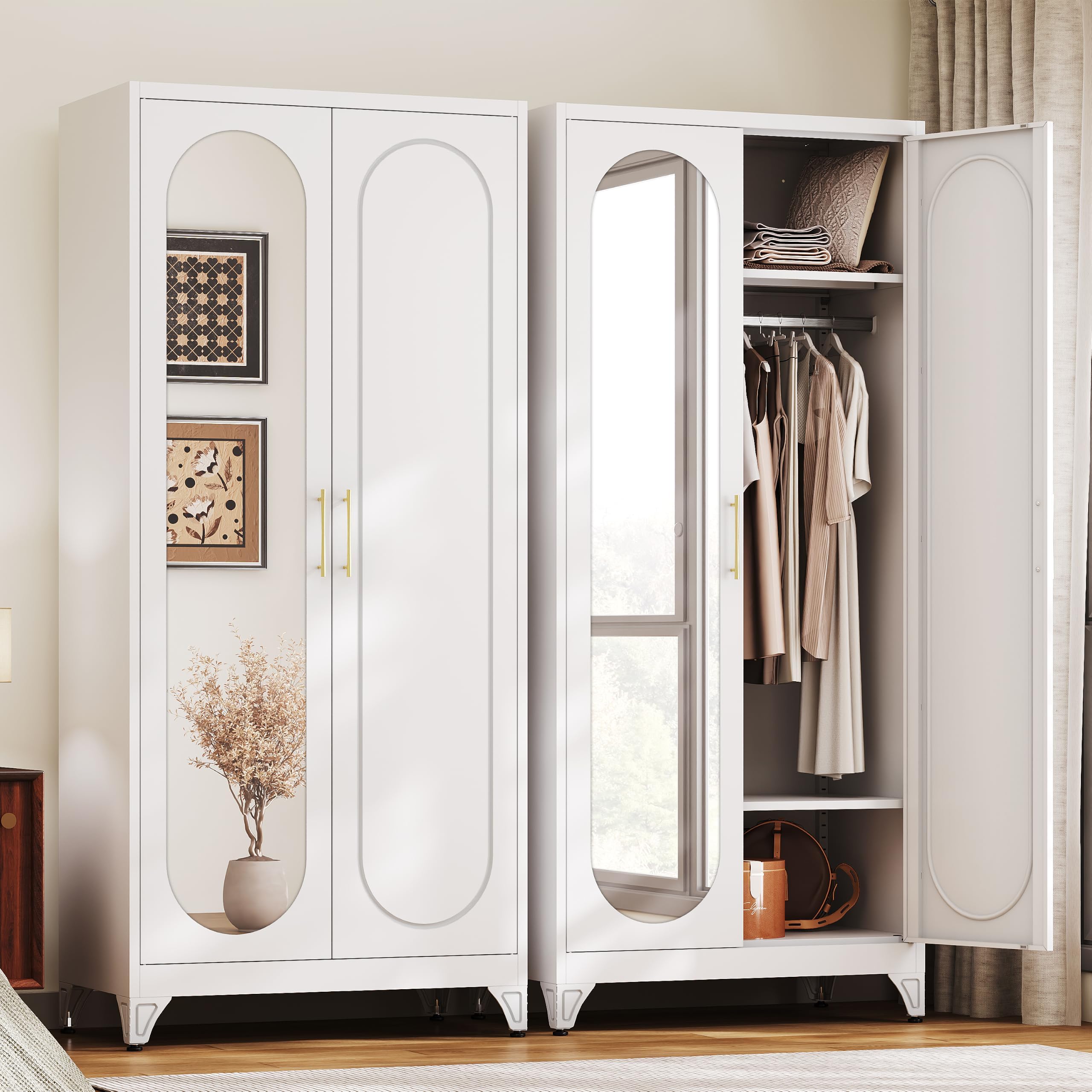 UNICOLY Armoire Wardrobe Closet,71" Metal Wardrobe Cabinet with Mirror Door