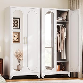 UNICOLY Armoire Wardrobe Closet,71" Metal Wardrobe Cabinet with Mirror Door | Tall Bedroom Armoires with Hanging Rod and Adjustable Shelves,Clothing Storage Cabinets for Bedroom, Living Room,Office