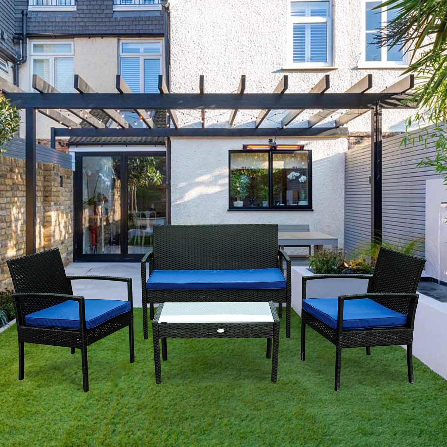 4 Piece Patio Porch Furniture Set, Outdoor Rattan Patio Furniture Sets, Patio Conversation Sets, Porch Deck Furniture, Wicker Patio Chairs and Table, Blue : Patio, Lawn & Garden