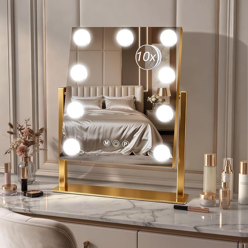 Espelho de maquiagem Ratsamee com luzes, 35,56 x 30,48 cm, dourado, rotação de 360°