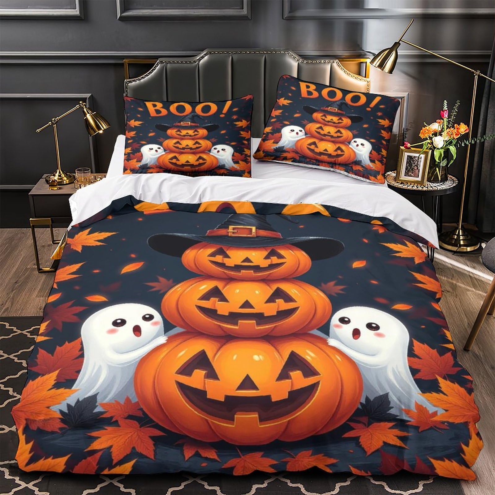 MMDASBVPE Halloween Pumpkins Duvet Cover 3D Design Printed Wrinkle-Resistant 3 Pieces Bedding Set Zipper Quilt Cover Super Soft Breathable for Teens Kids Girls Boys Women Adults Super king（260x220cm）