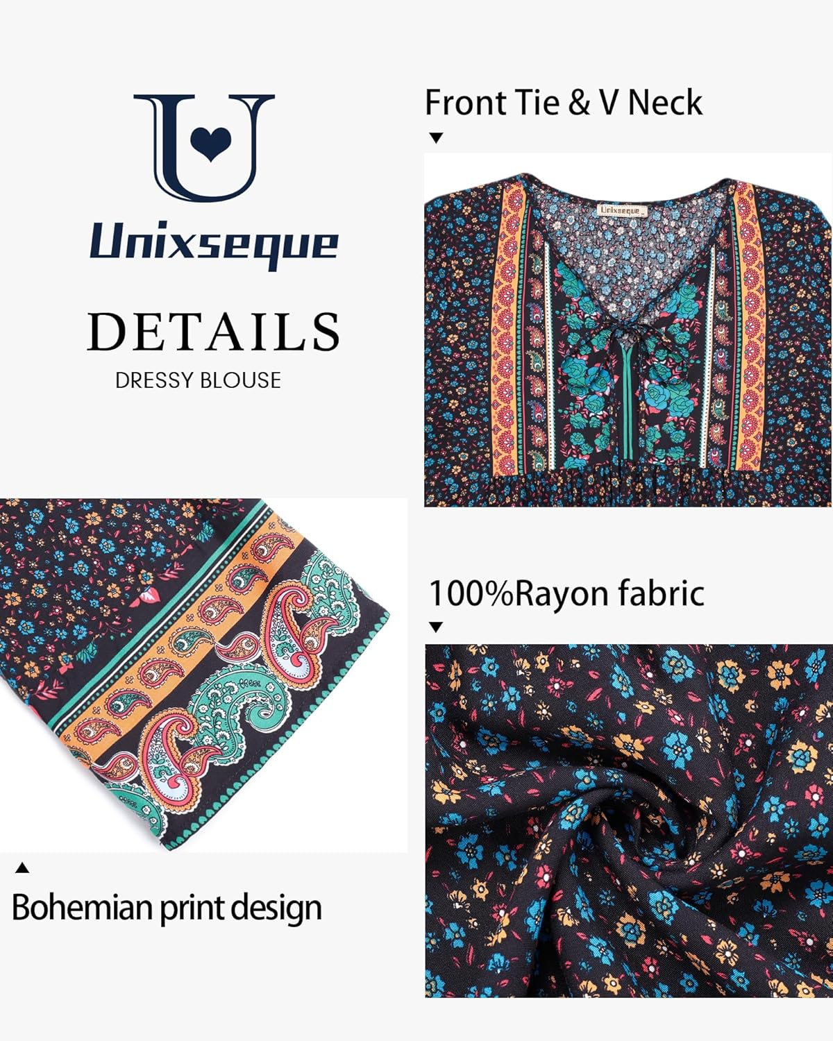 Unixseque Summer Boho Womens Tops Floral Print Dressy Casual V-Neck Tie Front Trendy Fall 3/4 Sleeve Blouses - Image 4