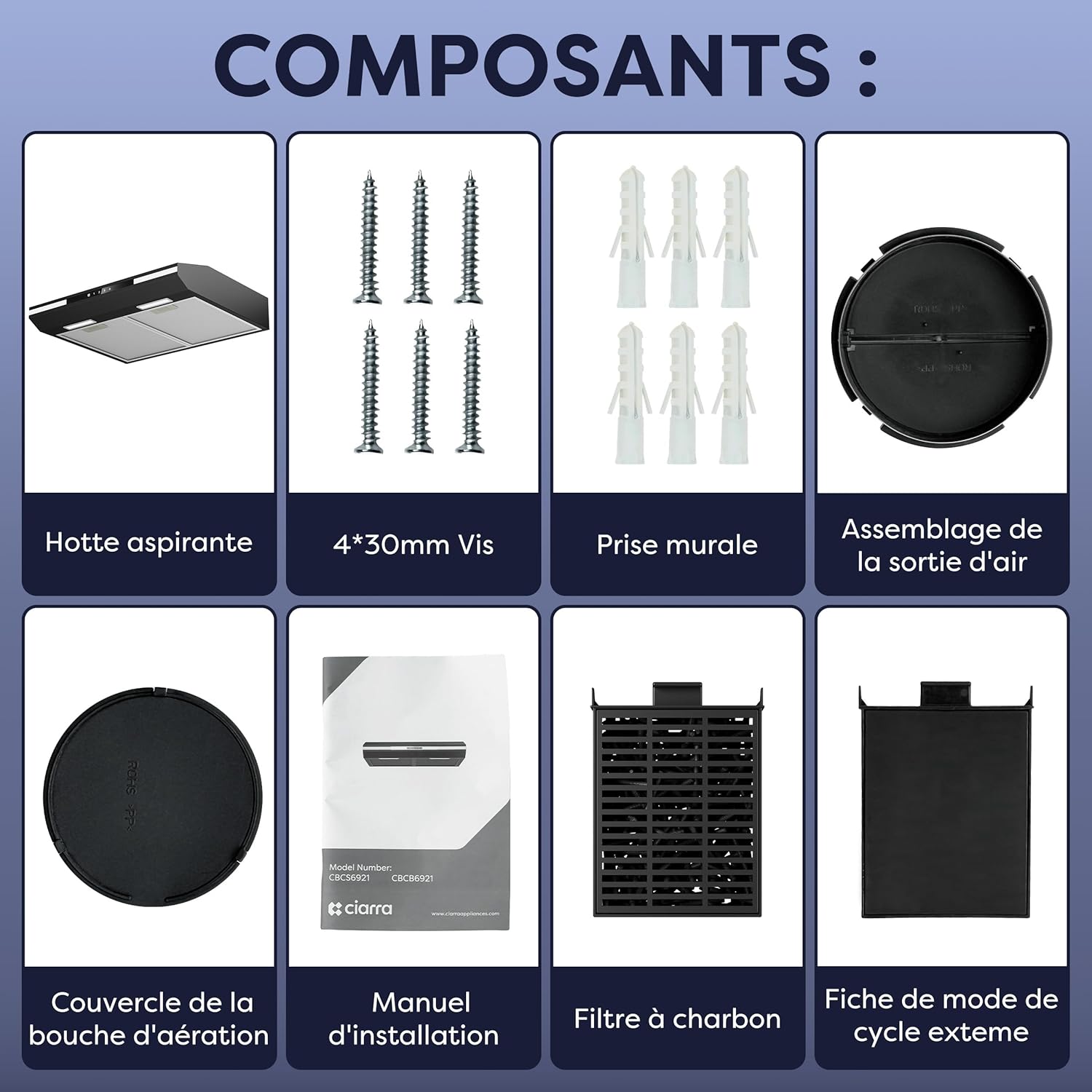 Technical drawing of the CIARRA CBCB6921 Range Hood with detailed dimensions in millimeters.