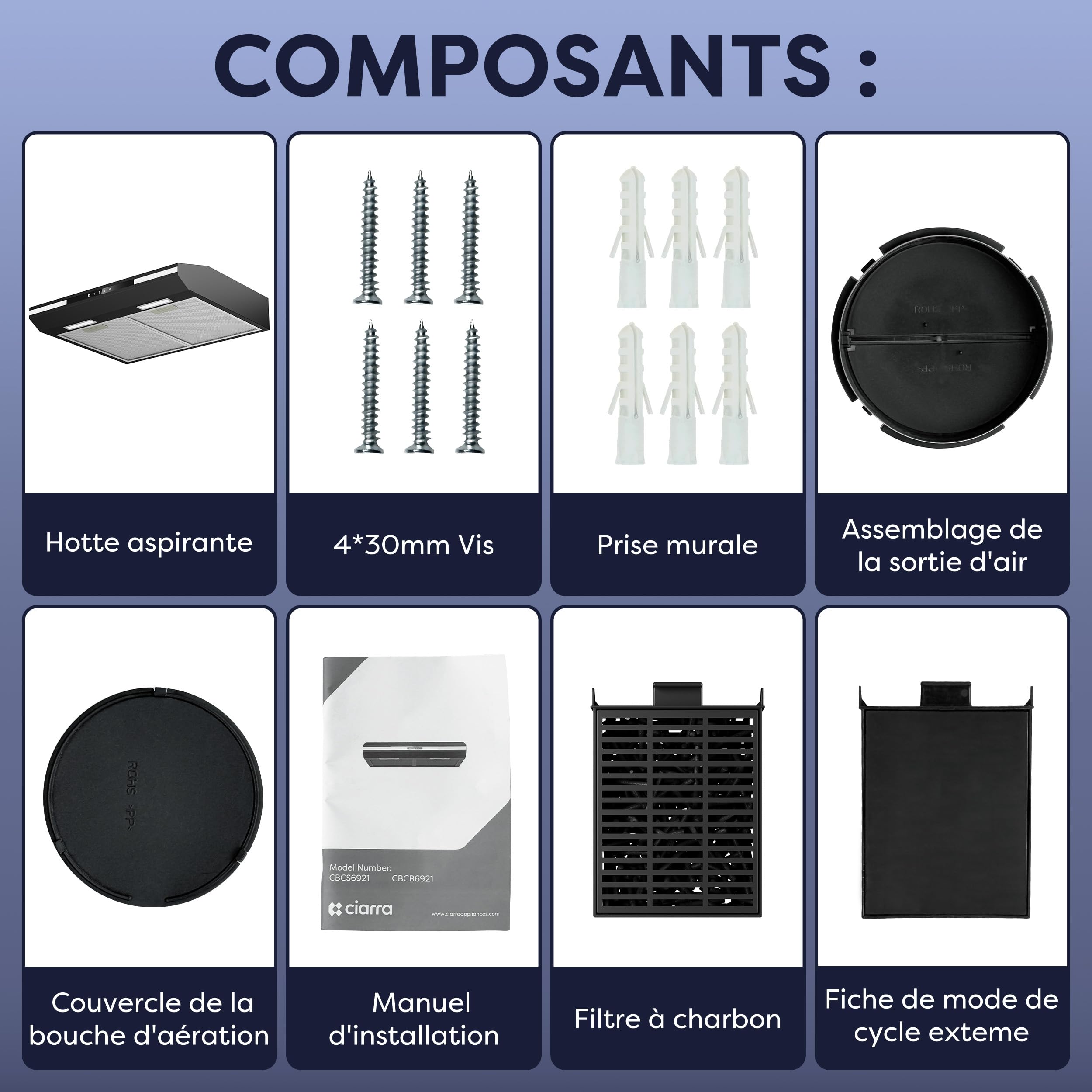 CIARRA CBCB6921 Hotte Aspirante Sous Meuble 60cm, Classe A+, Commande Tactile, 3 Vitesses, Évacuation/Recyclage, avec Filtre à Charbon CBCF011, Noir