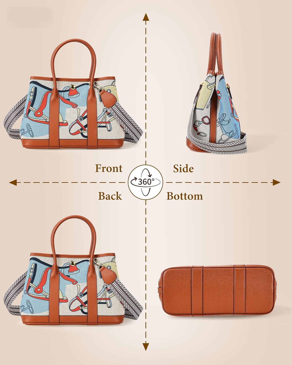 Top Handle Satchel Tote Handbag Shoulder Purse | Shoulder Bag, Crossbody, for Women, Snap Button, Tapestry, Pattern, Print. PU Leather, Large Capacity, Detachable Strap