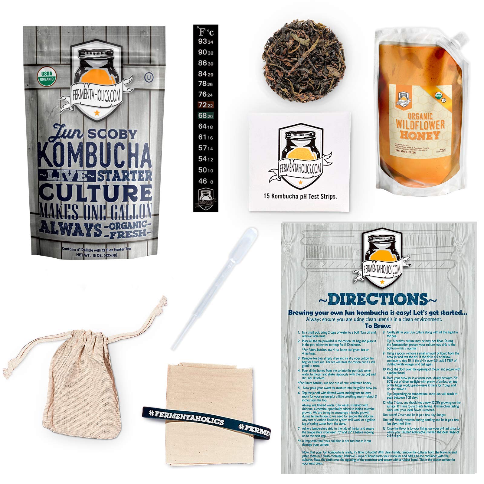 Fermentaholics1 Gallon Jun Kombucha Starter Kit - Includes USDA Organic Jun SCOBY & Starter Tea + Ingredients To Start Brewing Your Own Jun Tea Jar Not Included