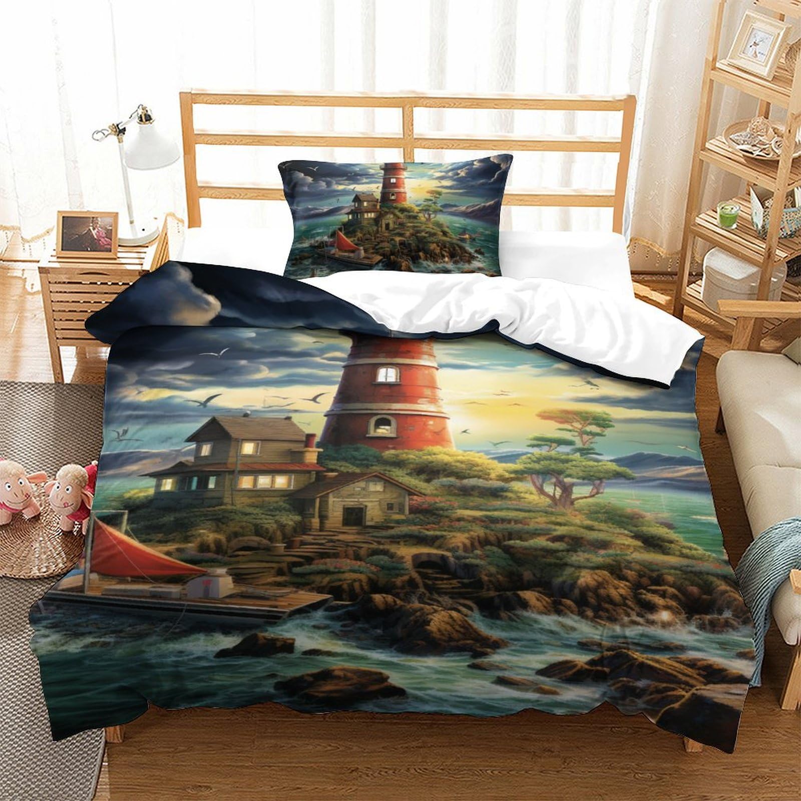 Housse de couette respirante 3D phare en microfibre douce lit simple 135x200