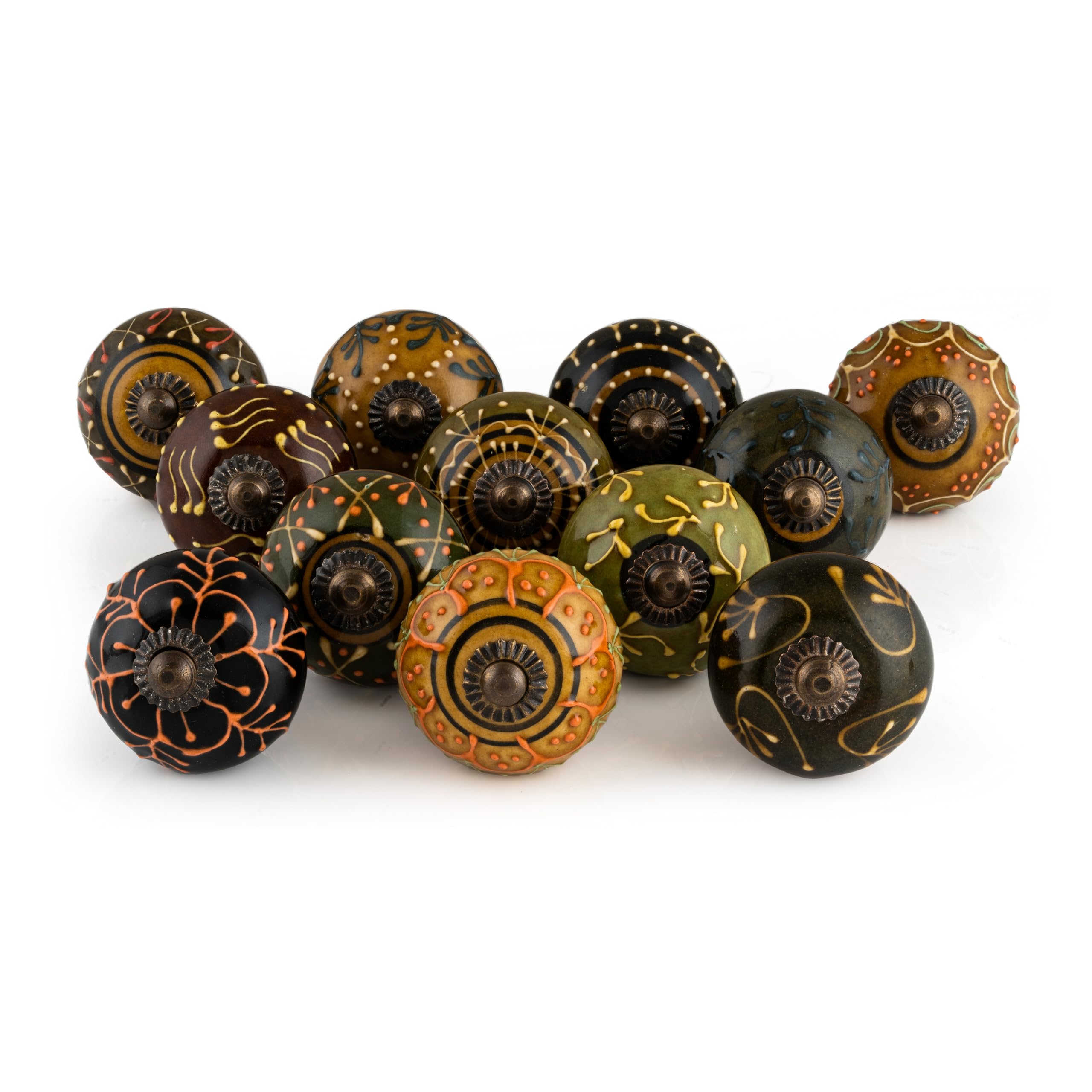 FOLK CRAFT Dresser Knobs for Cabinets and Drawers - Antique Brass Ceramic Kitchen Cupboard and Wardrobe Door Handle Flower Handmade Vintage Brown Home Decor Hardware - Pack of 12 Knobs