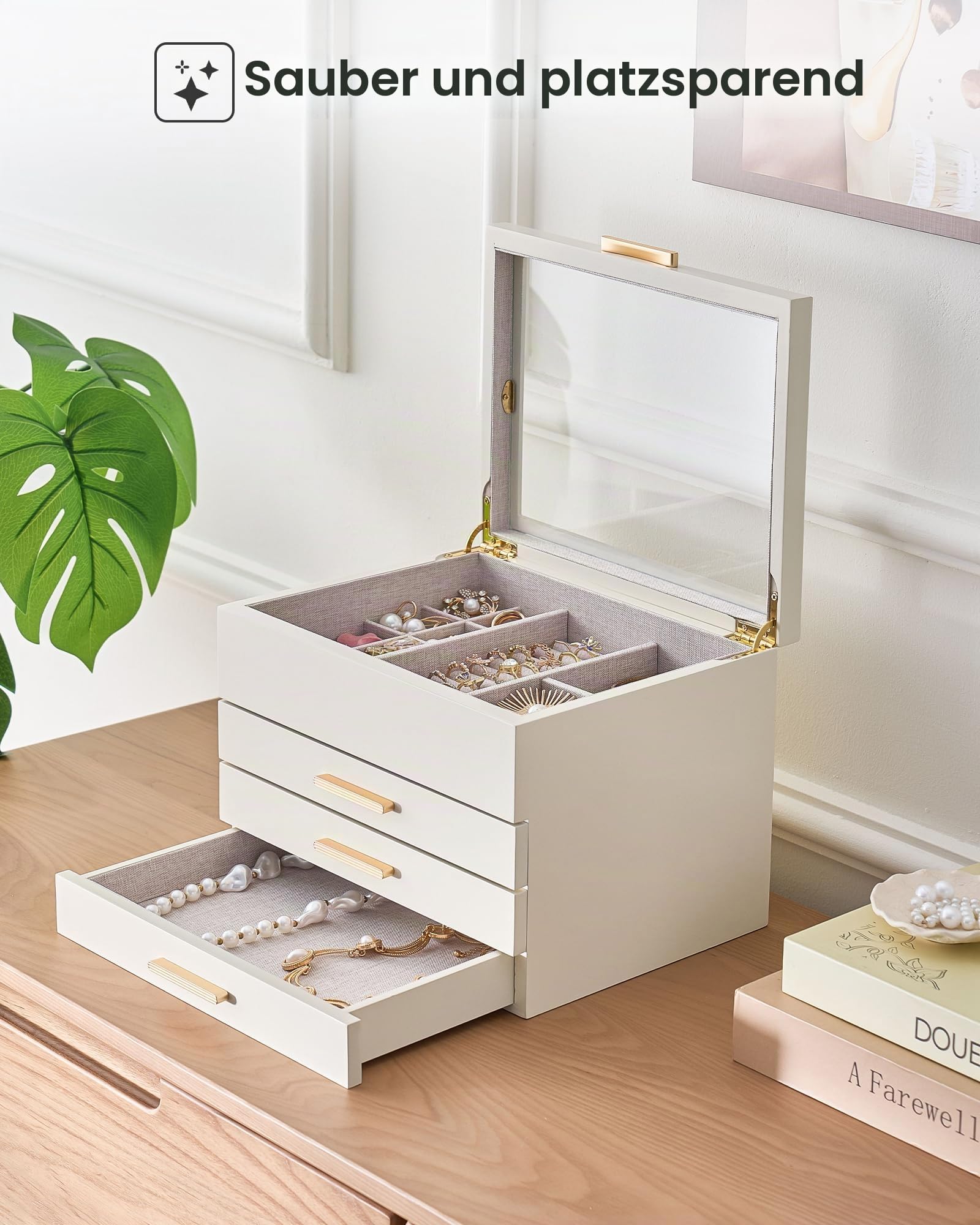 Lolalet Holzmaserung Schmuckkästchen, Groß Schmuckaufbewahrung mit durchsichtige Fenster, Schmuckschatulle Schmuckbox für Ohrringe Armbänder Halsketten Ringe –Beige, 4 Ebenen