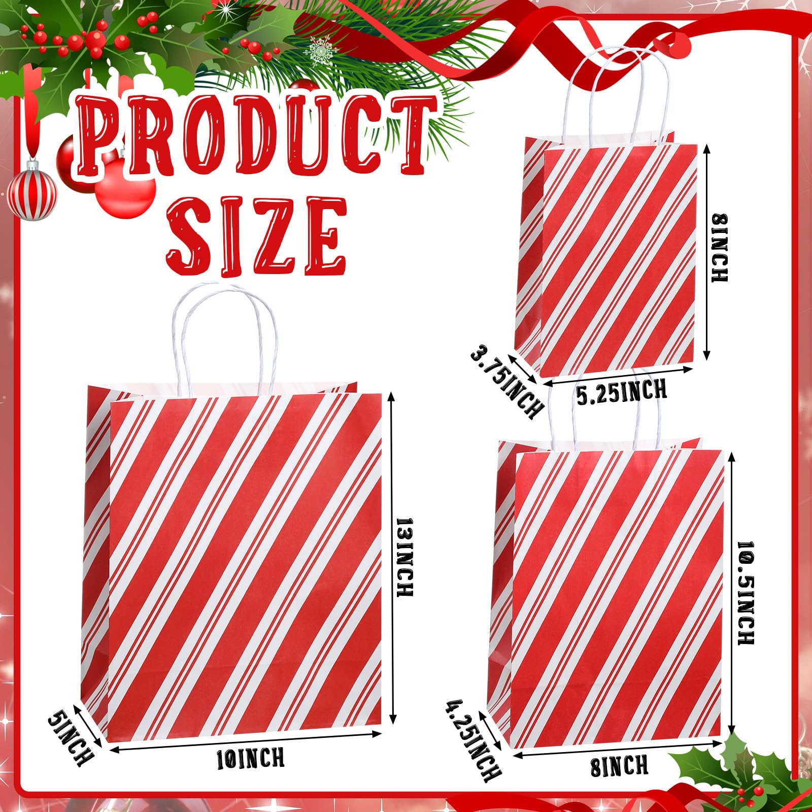 Qilery Lot de 24 sacs à friandises de Noël avec poignées de tailles assorties - Sacs cadeaux en papier kraft rayé pour le travail, Noël, fournitures de fête, 3 tailles