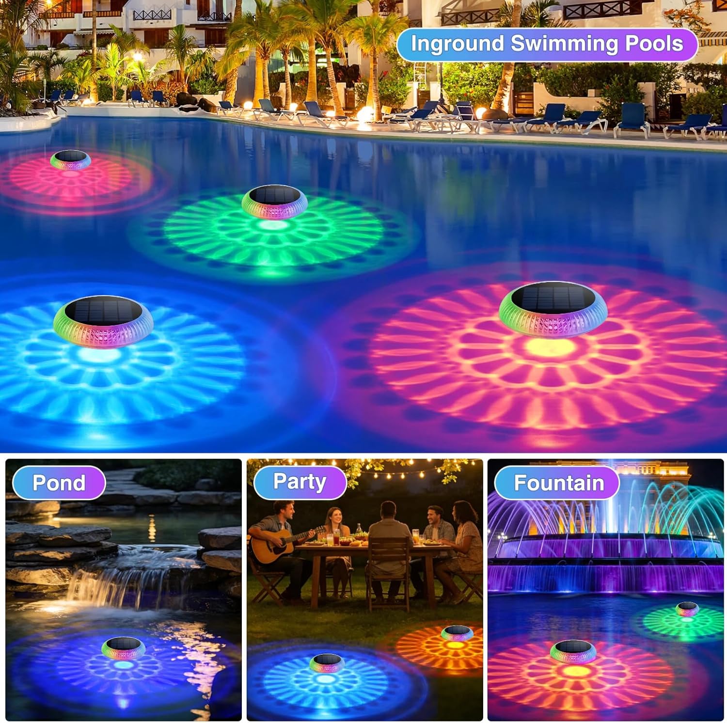 2 Pack Floating Pool Lights Solar Powered,Pool Lights that Float for Inground/Above Ground Pool/Pond/Inflatable Hot Tub/Bathtub,Swimming Pool Accessories Essentials Decorations Outdoor Decor