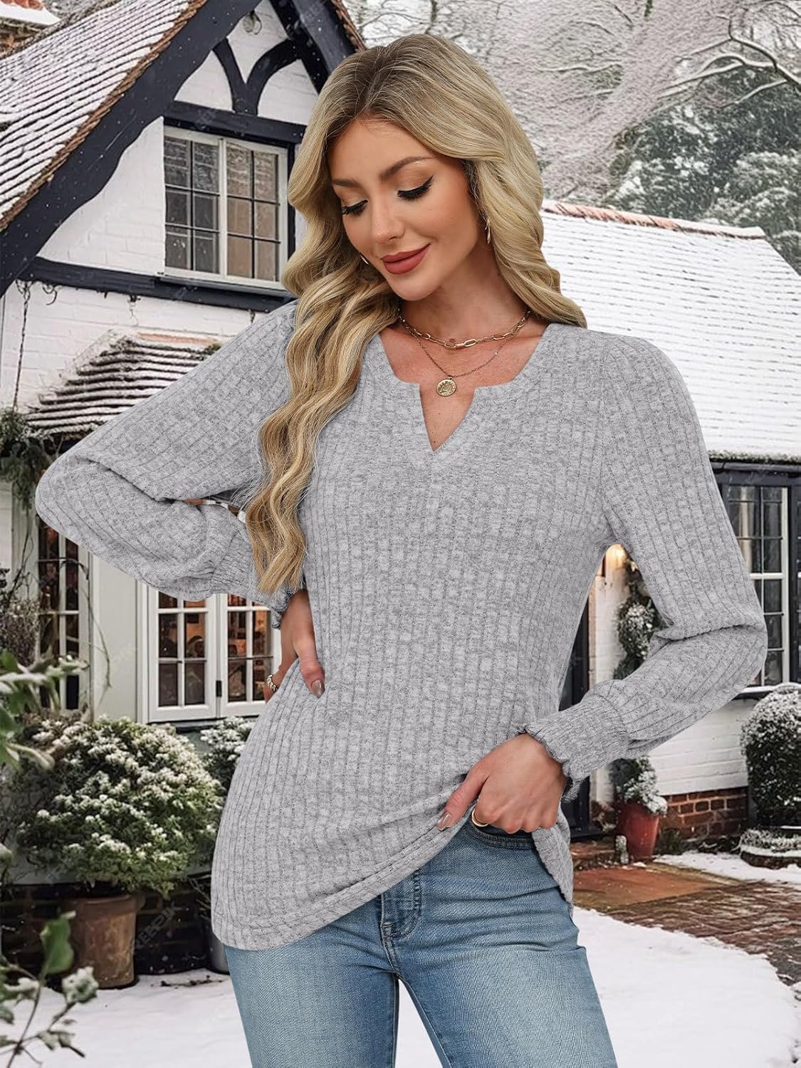 Lylinan Womens Sweaters V Neck Long Sleeve Pullover Tops Fall Fashion Casual Clothes S-XXL - Image 3
