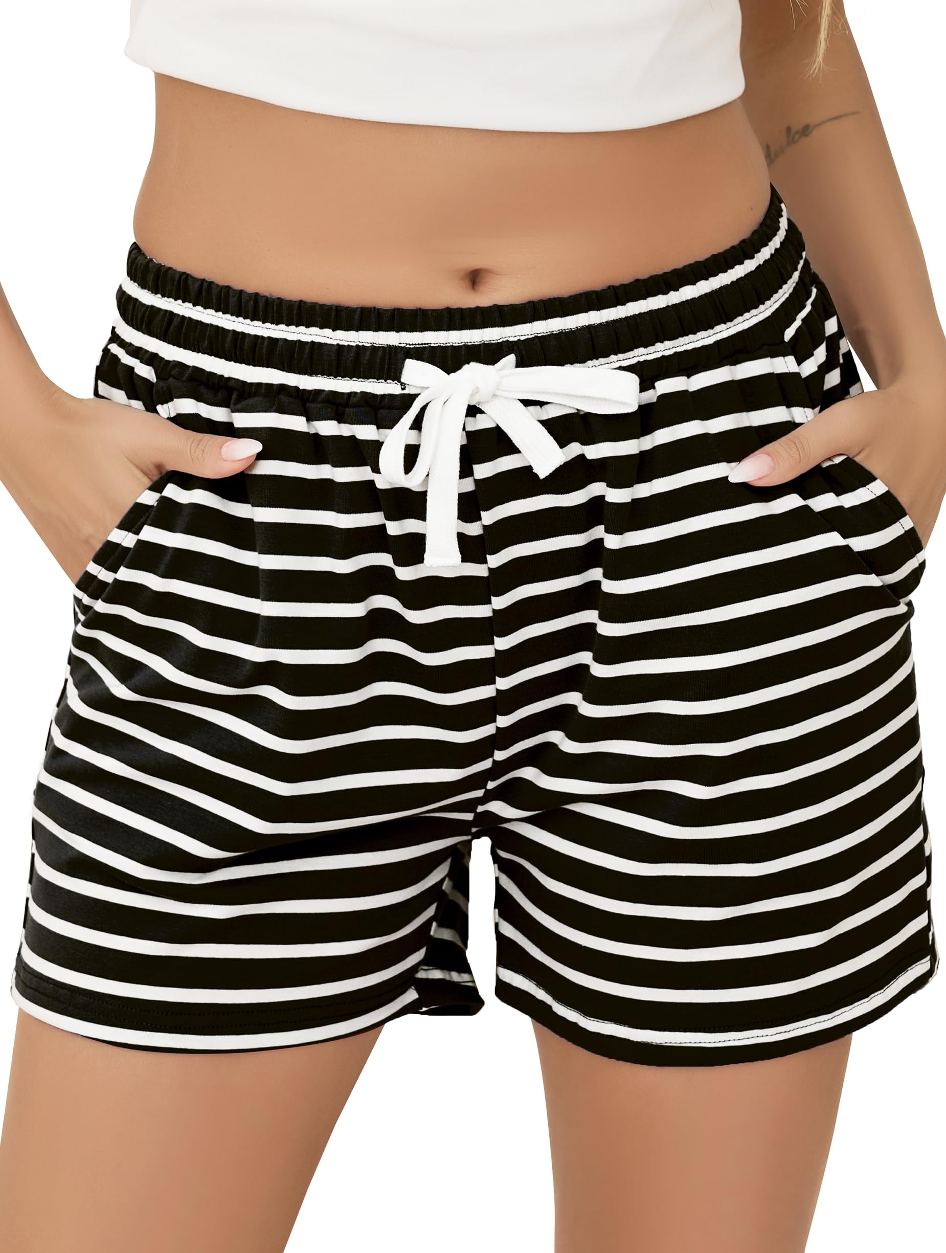 Vlazom Damen Schlafanzughose Baumwolle Pyjamahose Nachtwäsche Kurz Freizeit Hose mit Taschen und Kordelzug