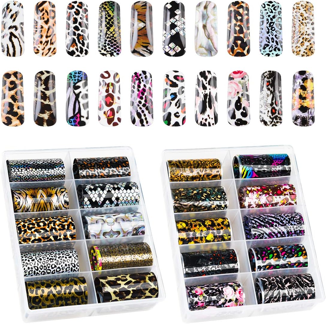 Rindy 20 Sheets Leopard Nail Art Foil Transfer Stickers Foil Nail Art Stickers Adhesive Foil Transfer DIY Decoration Kit