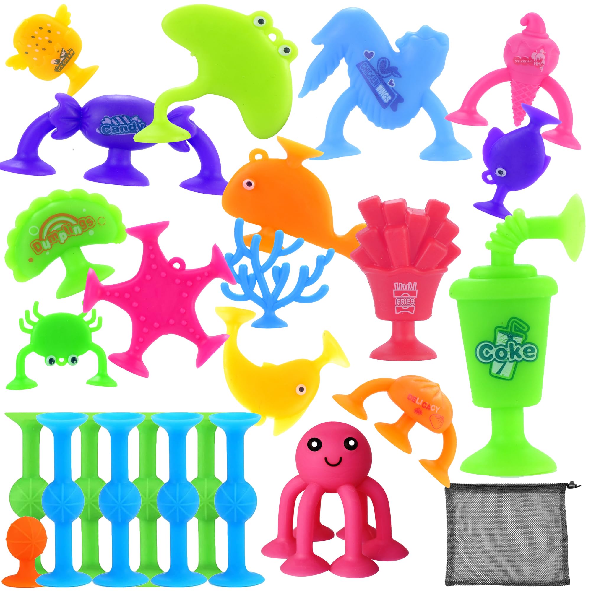 REVHQ Suction Bath Toys for Kids Toddlers - 26 Pcs Silicone Sucker Toys Suction Cup Toys for Kids,Window Toys with Dinosaur Eggshell Storage,Travel Toys Sensory Toys for 3 4 5 6 7 Years Old Boys Girls