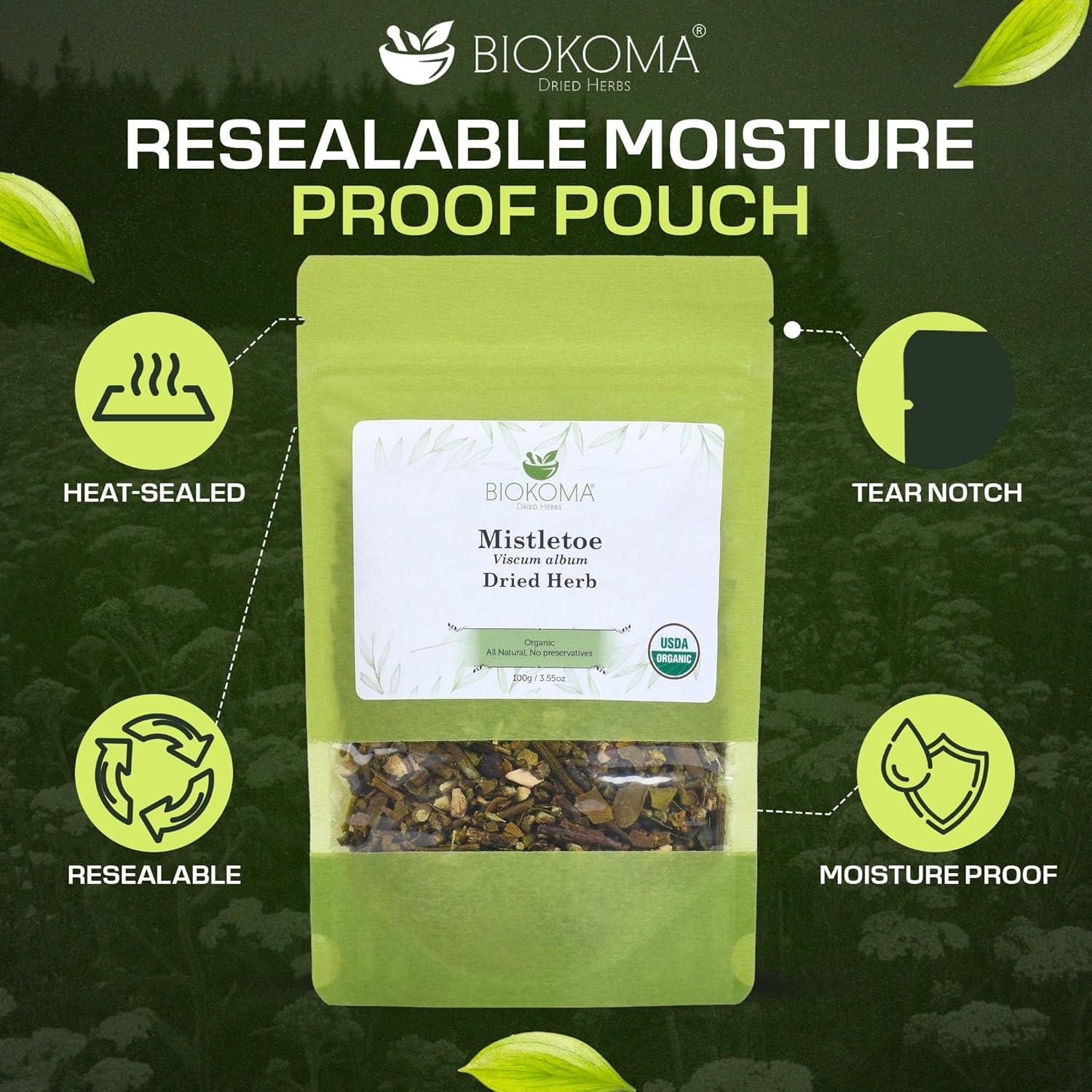Biokoma Organic Mistletoe Dried Herb 100g (3.55oz) In Resealable Moisture Proof Pouch, USDA Certified Organic - Herbal Tea, No Additives, No Preservatives, No GMO, Kosher - Image 4