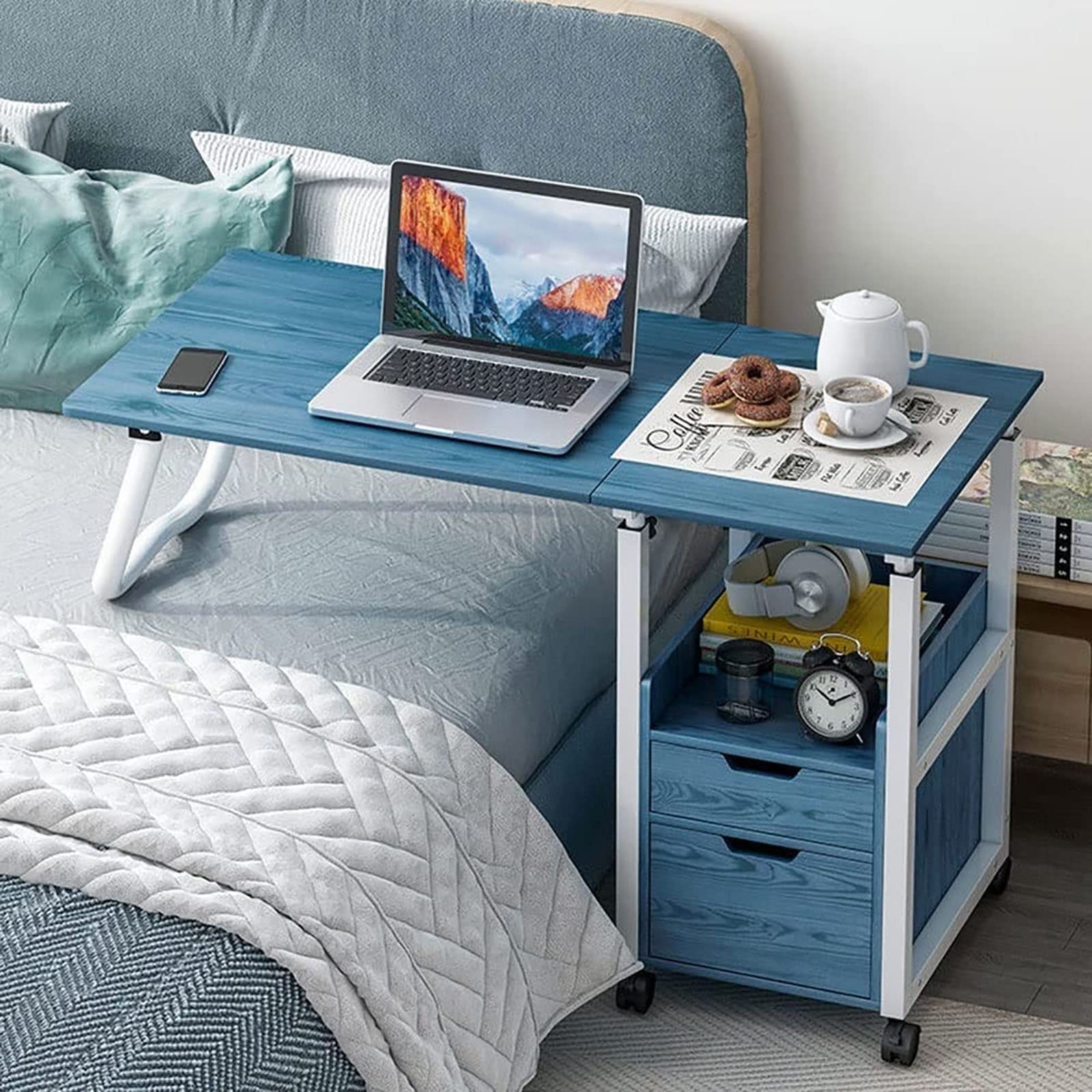 Mesa de cama con ruedas, mesita de noche médica ajustable en altura con cajón, diseño plegable de doble propósito para uso hospitalario y doméstico