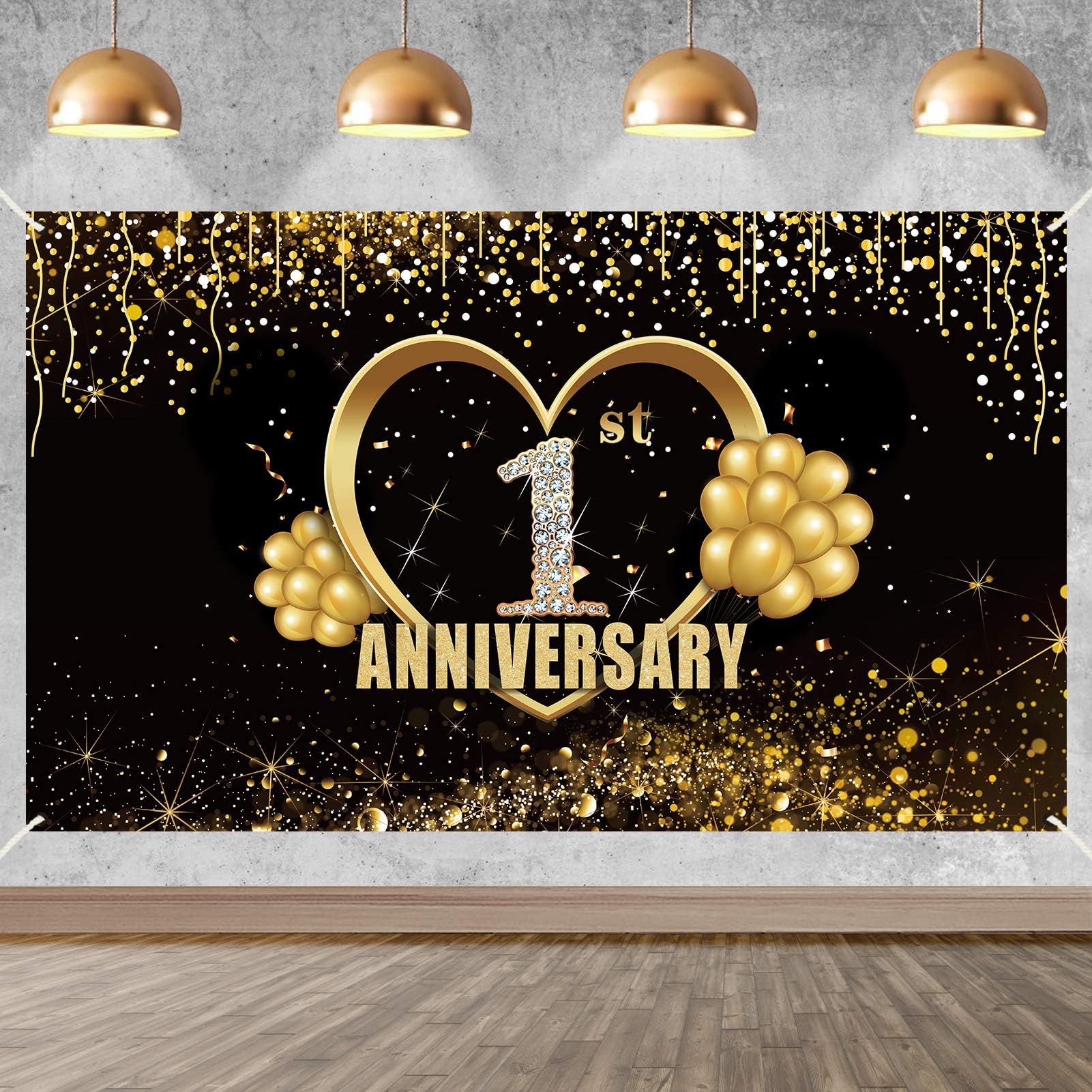 Yoaokiy 1st Wedding Anniversary Banner Decorations, Extra Large Happy Anniversary Backdrop Poster Sign Supplies, Gold One Year Decor Photo Props for Outdoor Indoor (6 x 3.6ft)