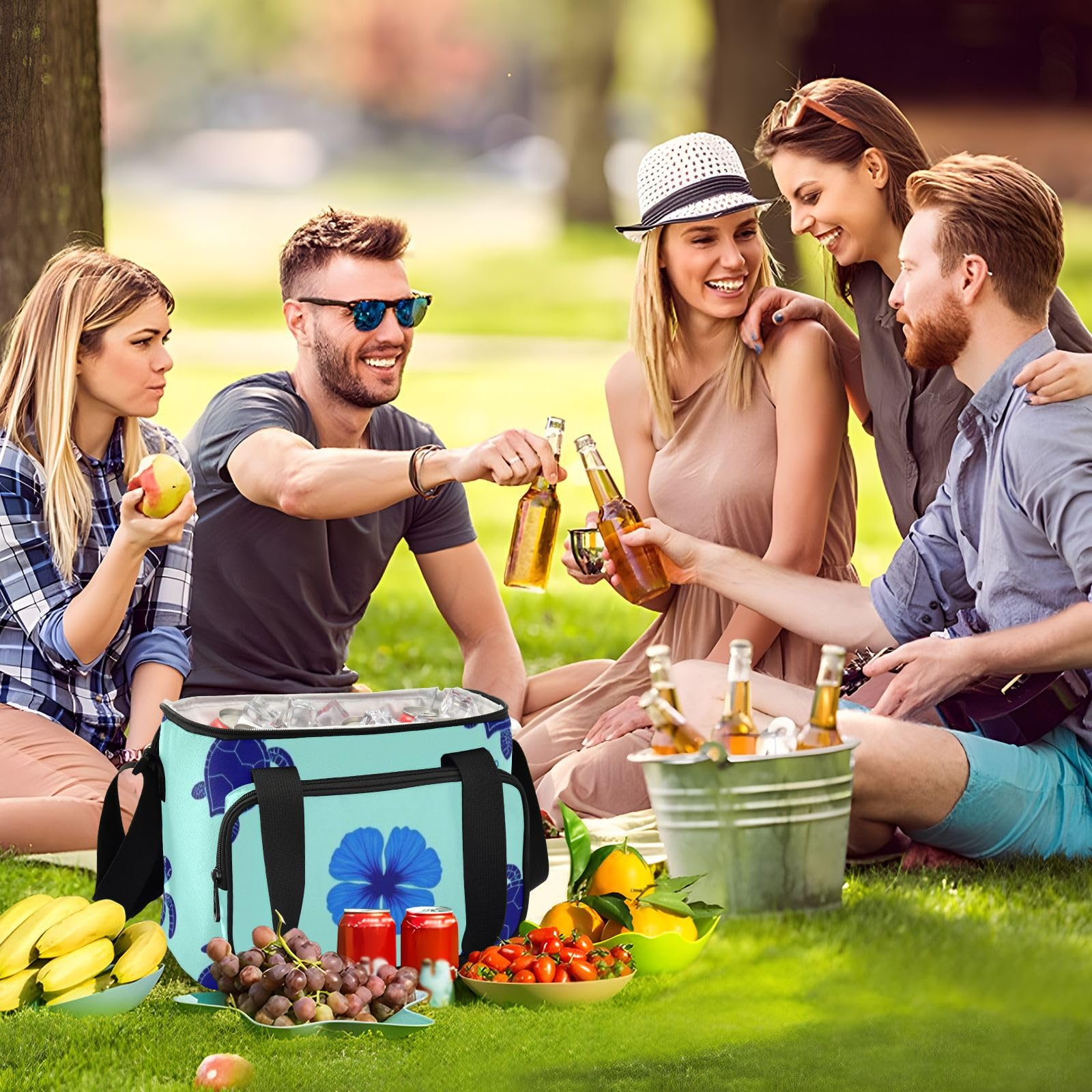 Wudan Jasnoniebieski żółw flora nosidełko piknikowe pełny nadruk biuro dorośli