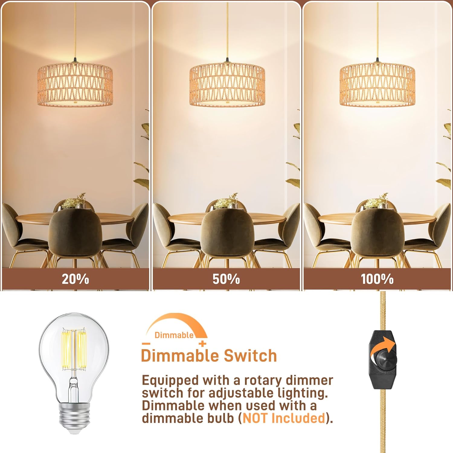 13'' Gold Plug in Pendant Light, Boho Dimmable Hanging Lamp with Rotary Dimmer Switch & 15ft Cord, Rattan & Fabric 2-in-1 Shade, Farmhouse Pendant Lights Kitchen Island Living Room Bedroom, ETL Listed