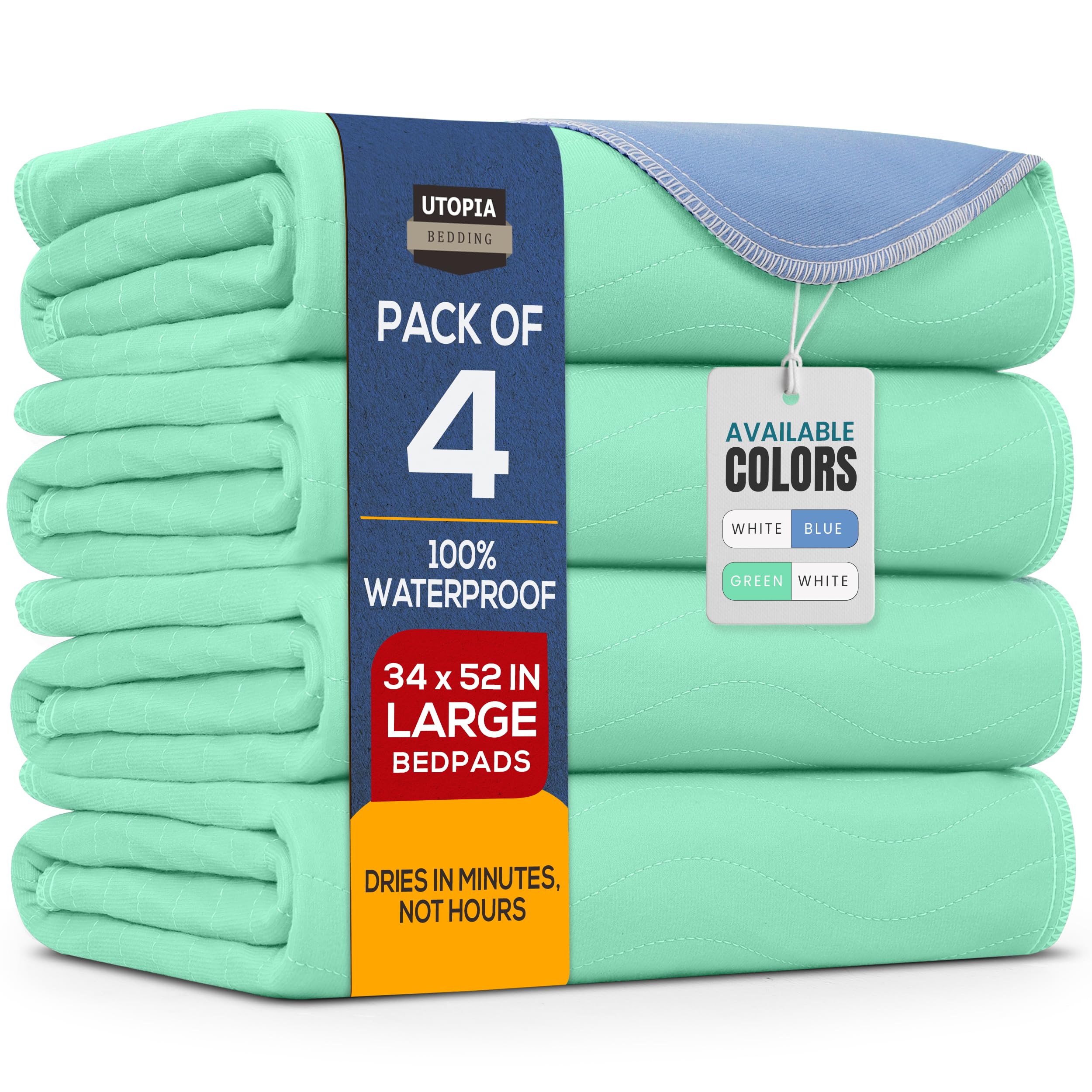 Utopia Bedding Washable Pee Pads for Dogs 34" x 52" (Pack of 4), Waterproof Incontinence Bed Pads for Adults, Elderly and Kids, Heavy Absorbency Pet Training Pads for Sofa and Couch (Green,Blue)