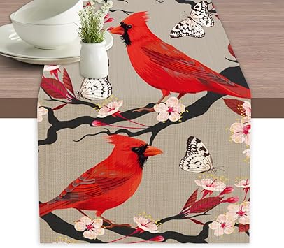 Cardinal Blooming Cherry Christmas Table Runners 70 inches Long Table Runner Elegant Linen Dresser Scarfs Farmhouse Tablerunner for Wedding/Coffee/Dining Table/Party Home Decor